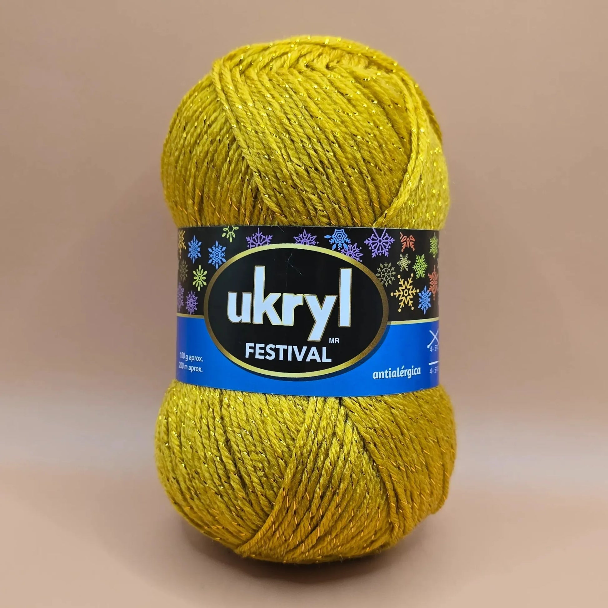 Ovillo de lana acrílica Ukryl Festival amarillo brillante con lurex dorado, antialérgica, ideal para proyectos de tejido.