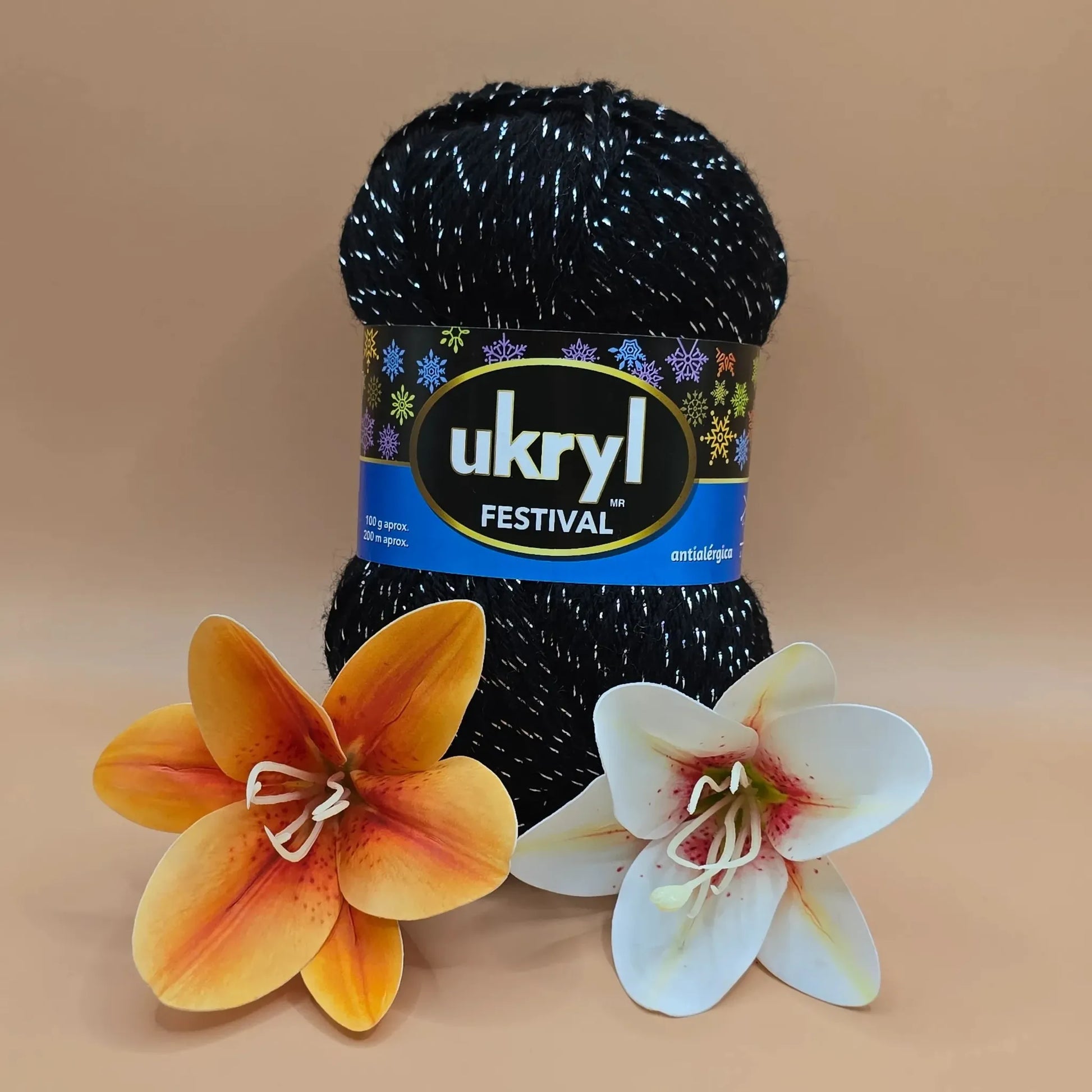 Ovillo de lana Ukryl Festival negro con brillos plateados de acrílico y Lurex, ideal para tejidos, hipoalergénico.
