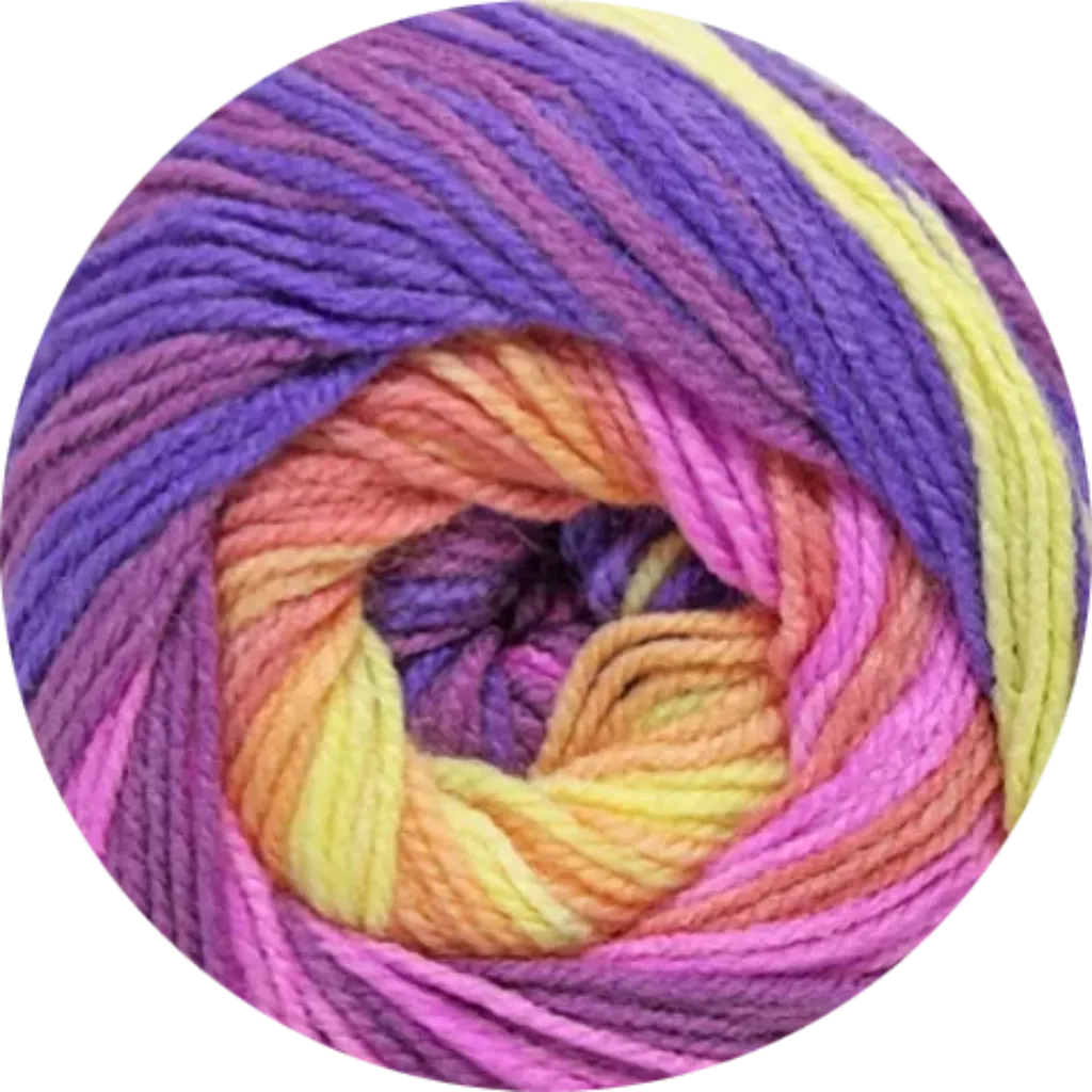 Ovillo de lana acrilica matizada colores lavanda, morado, amarillo y anaranjado, suave para tejer.