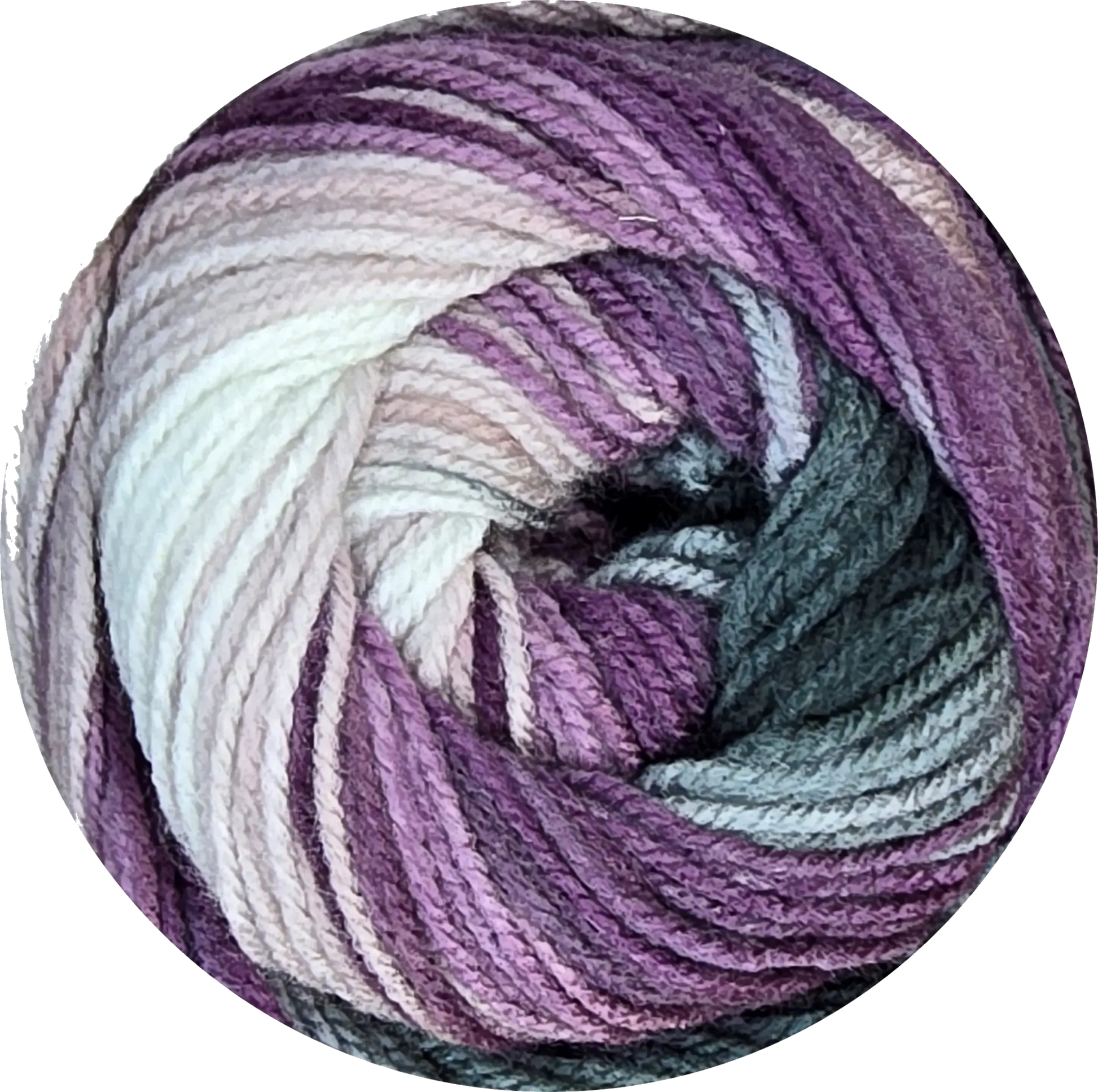 Ovillo de lana acrílica Petunia Boom Batik, tonos morado lavanda, blanco y gris, ideal para tejer prendas suaves.