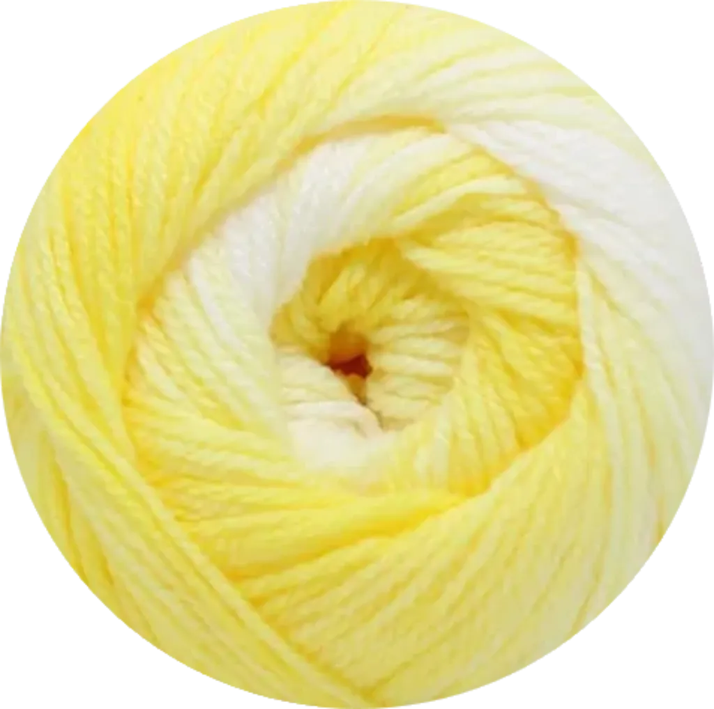 Ovillo de lana acrílico premium batik en tonos amarillo limón y blanco, suave e hipoalergénico para bebé.