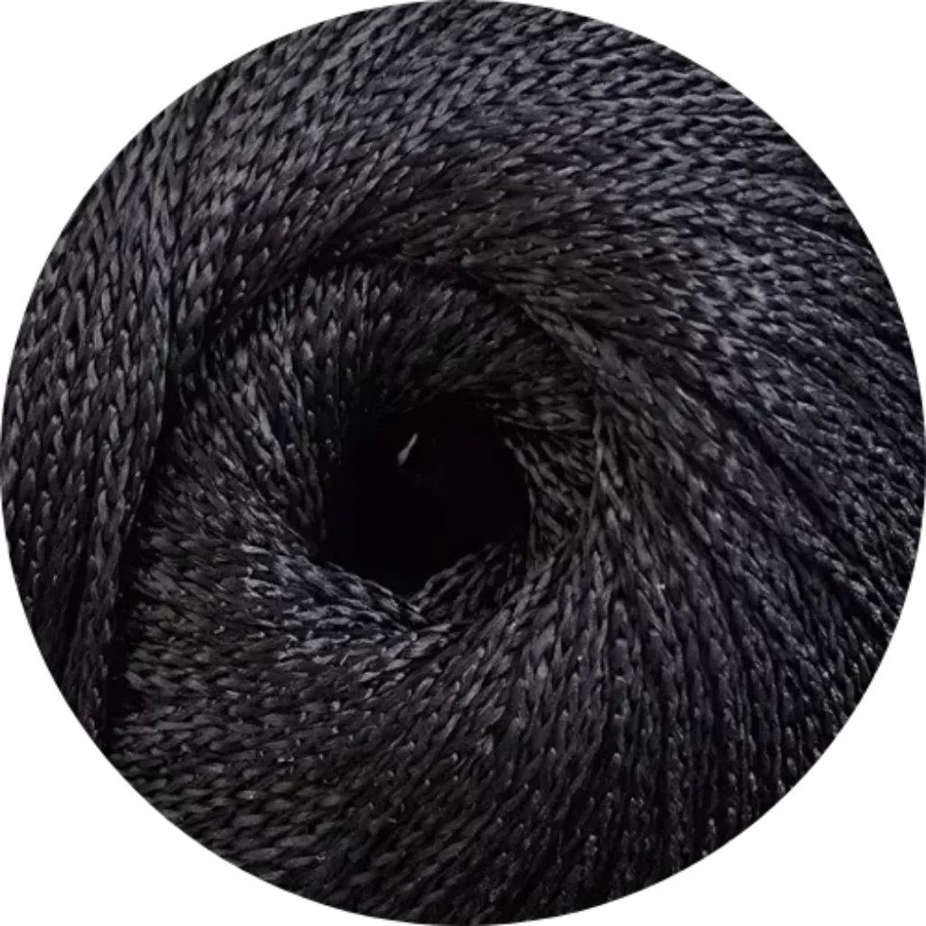 Ovillo de hilado 100% viscosa LHO Morocco negro con brillo sedoso, textura trenzada y detalles sutiles.