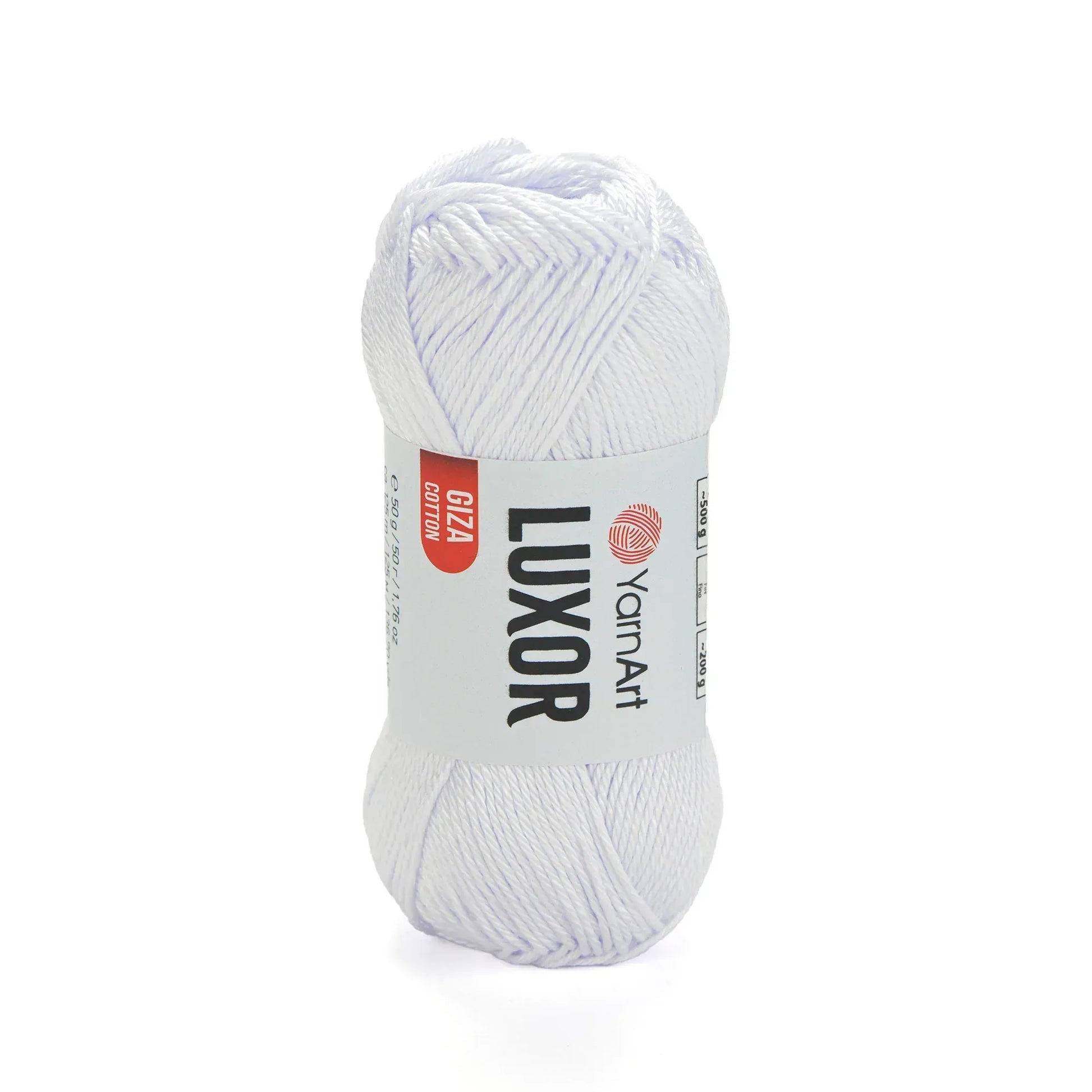 Ovillo de hilo YarnArt Luxor de algodon mercerizado blanco puro, 50g, ideal para tejidos, sobre fondo claro.
