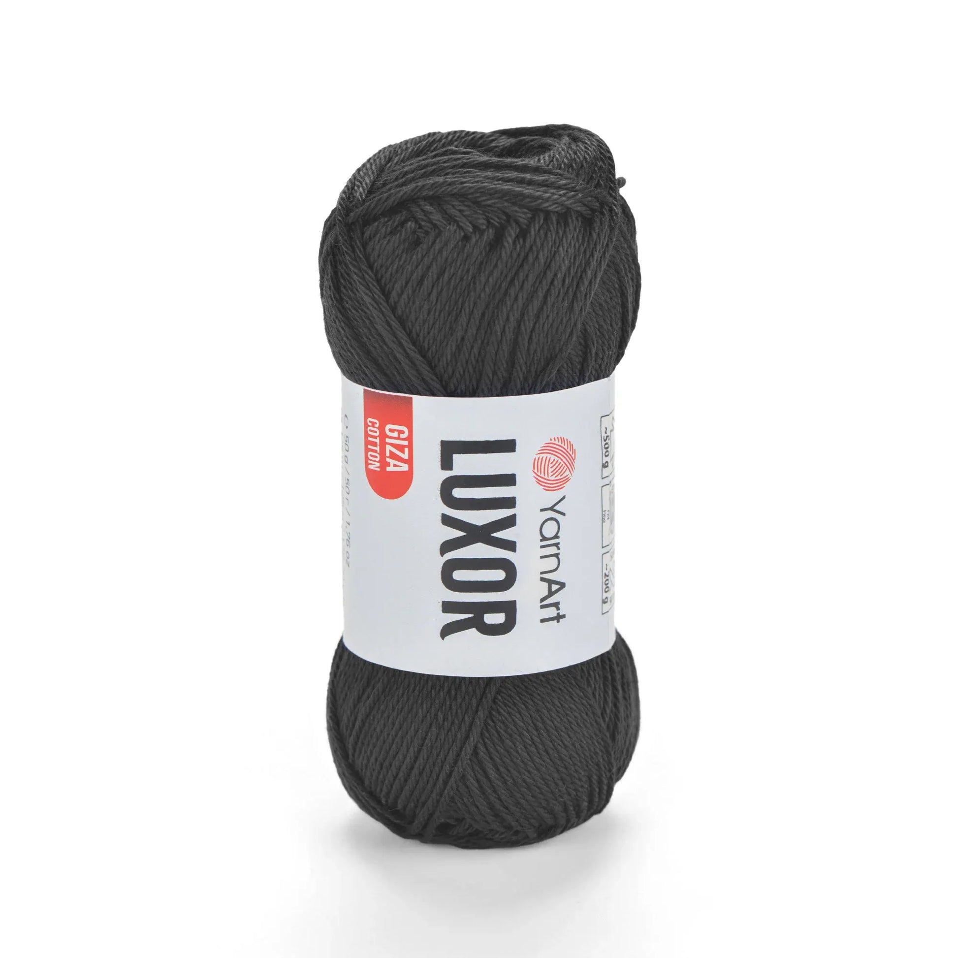 Ovillo de hilo YarnArt Luxor de algodón mercerizado Giza color gris oscuro, ideal para tejer prendas y accesorios con acabado brillante.