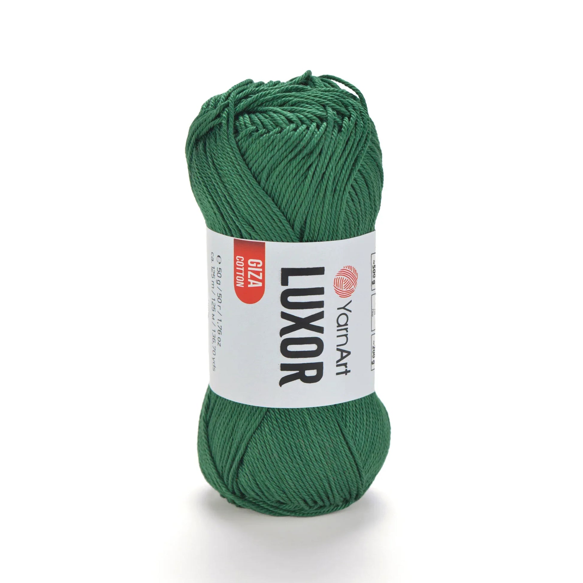 Ovillo de hilo YarnArt Luxor 100% algodón mercerizado en color verde oscuro, ideal para proyectos de tejido y crochet.