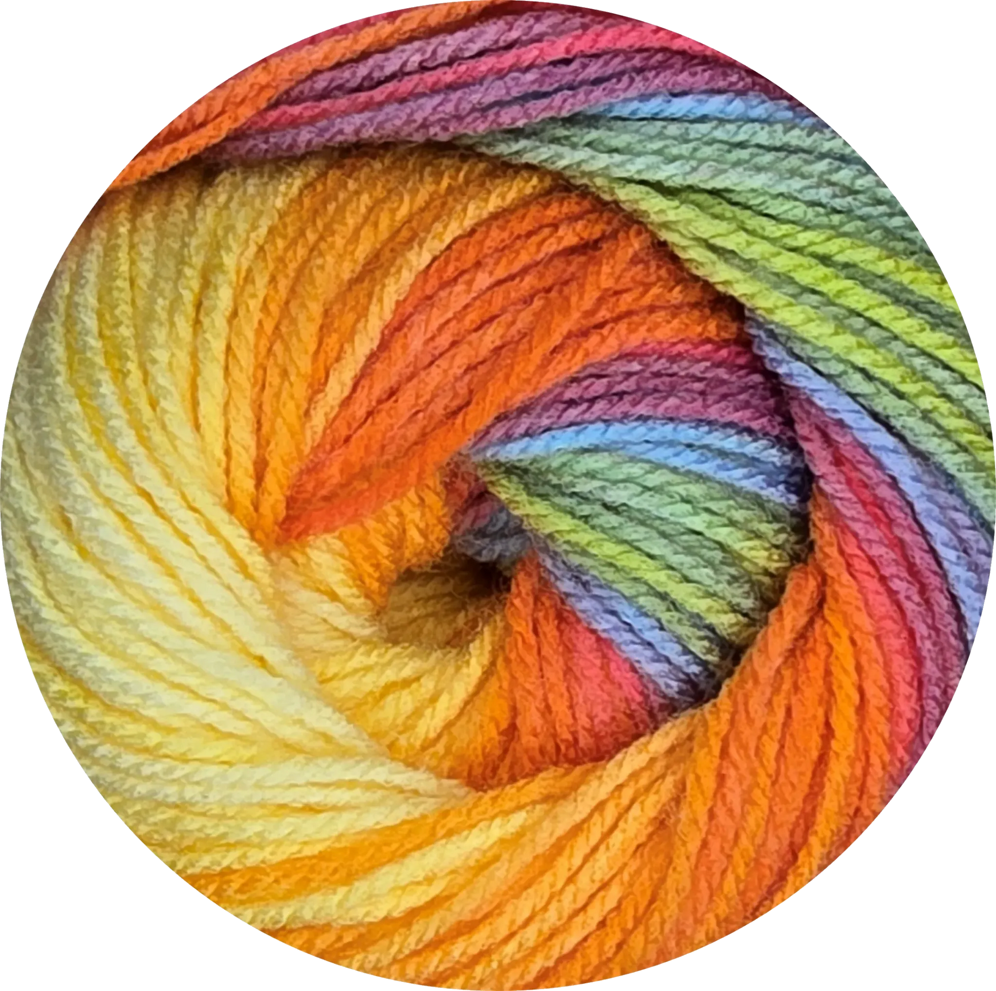 Ovillo de lana acrílica Petunia Boom Batik multicolor, tonos vibrantes amarillo, naranja, rojo, azul, verde. Textura suave.