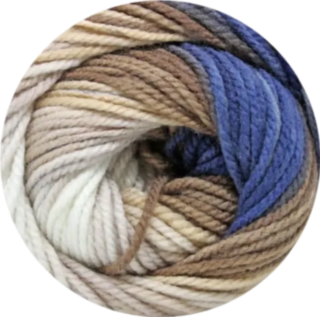 Ovillo de lana acrílica Petunia Boom Batik Midnight Galaxy, tonos azul, café, beige y crema, textura suave.