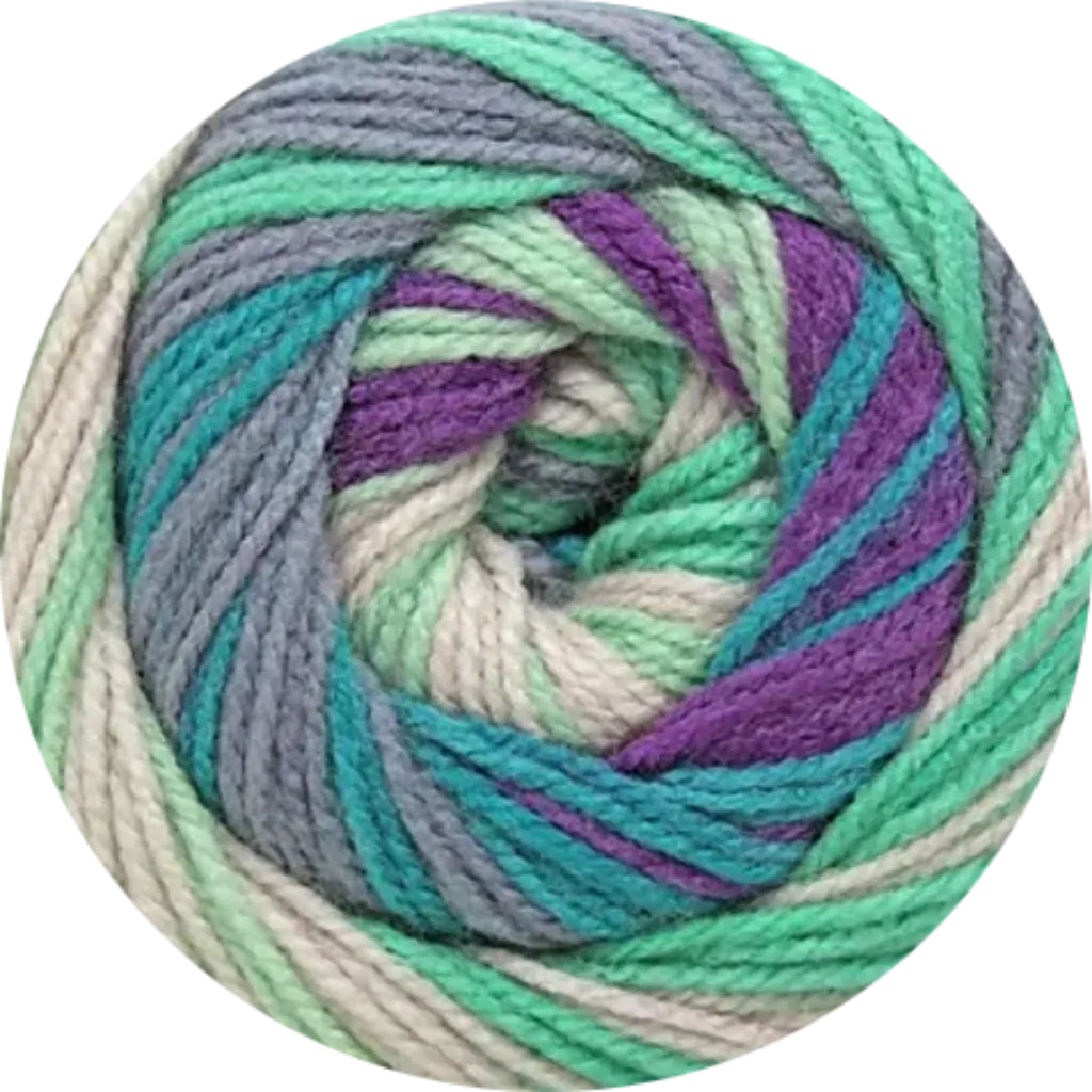 Ovillo de lana acrílica matizada suave con tonos verde menta, turquesa, gris, beige y morado, ideal para tejer proyectos.