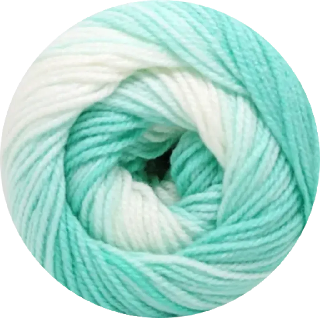 Ovillo de lana acrílico premium Petunia en degradado blanco y verde menta. Suave e hipoalergénico, ideal para bebé.