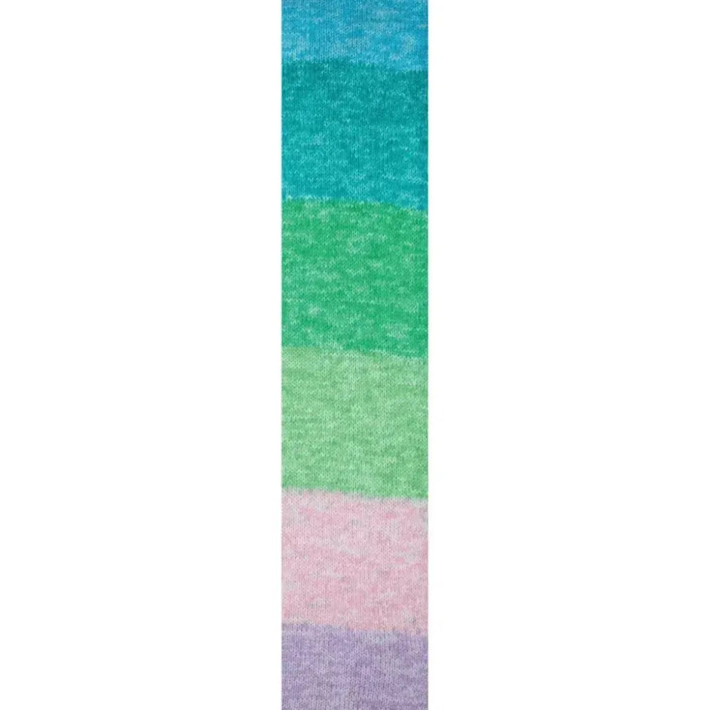Muestra de tejido acrílico suave e hipoalergenico para bebe en rayas de colores pastel azul, turquesa, verde, rosa y lila