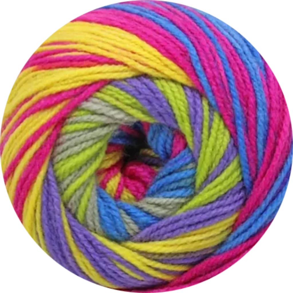 Ovillo de lana acrílica matizada con colores vibrantes neón: fucsia, amarillo, azul, morado y verde lima.