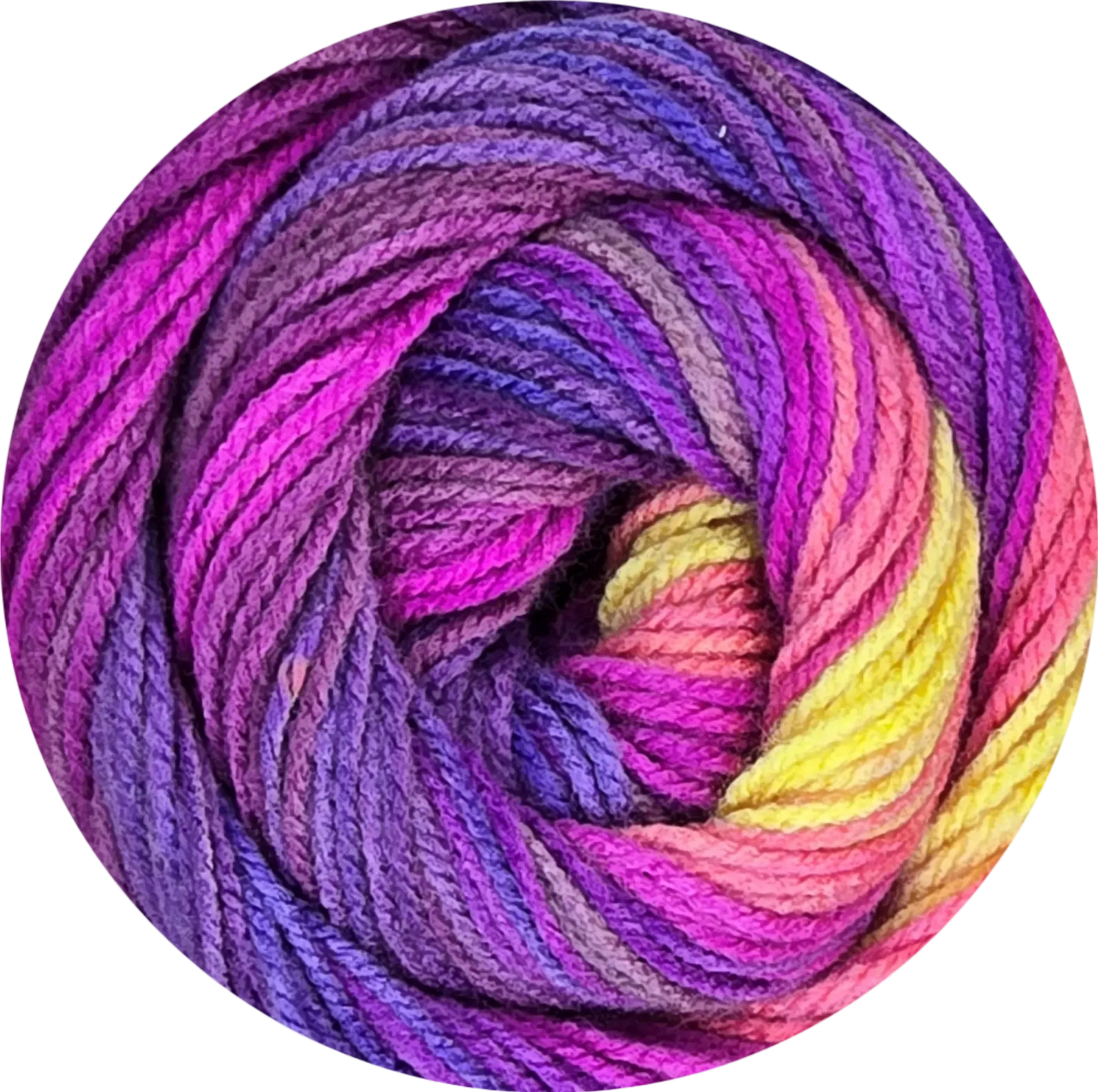 Ovillo de lana acrílica Petunia Boom Batik con colores vibrantes neón: morado, fucsia, rosa y amarillo para tejer.