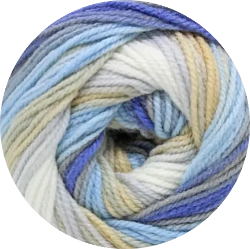 Ovillo de lana acrílica Petunia Bebé Batik Ocean Breeze con tonos azul, gris, blanco, beige. Suave e hipoalergénico para bebés.