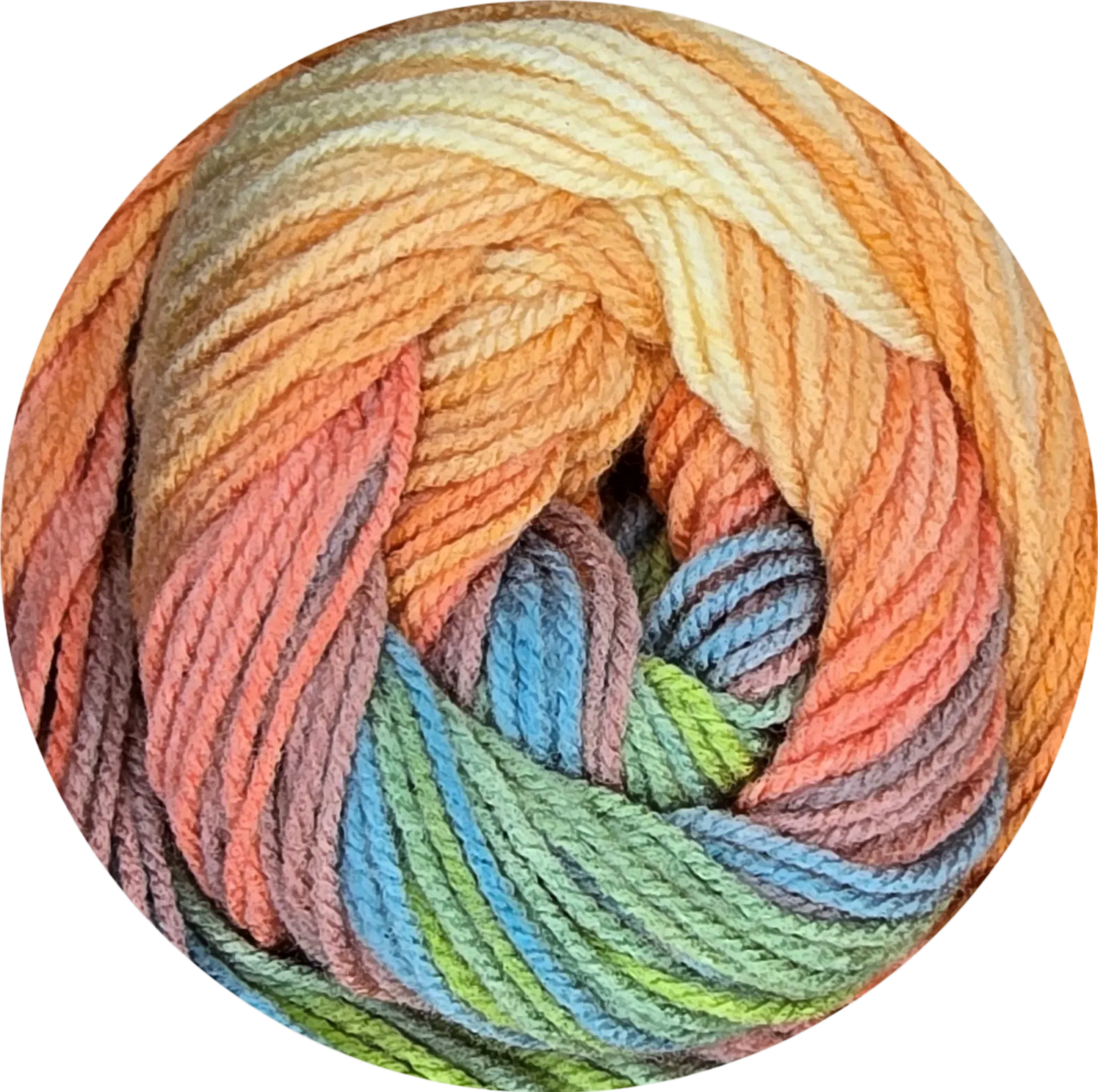 Ovillo de lana acrílica Petunia Boom Batik multicolor. Degradado vibrante de amarillos, naranjas, rosas, azules y verdes para tejer.