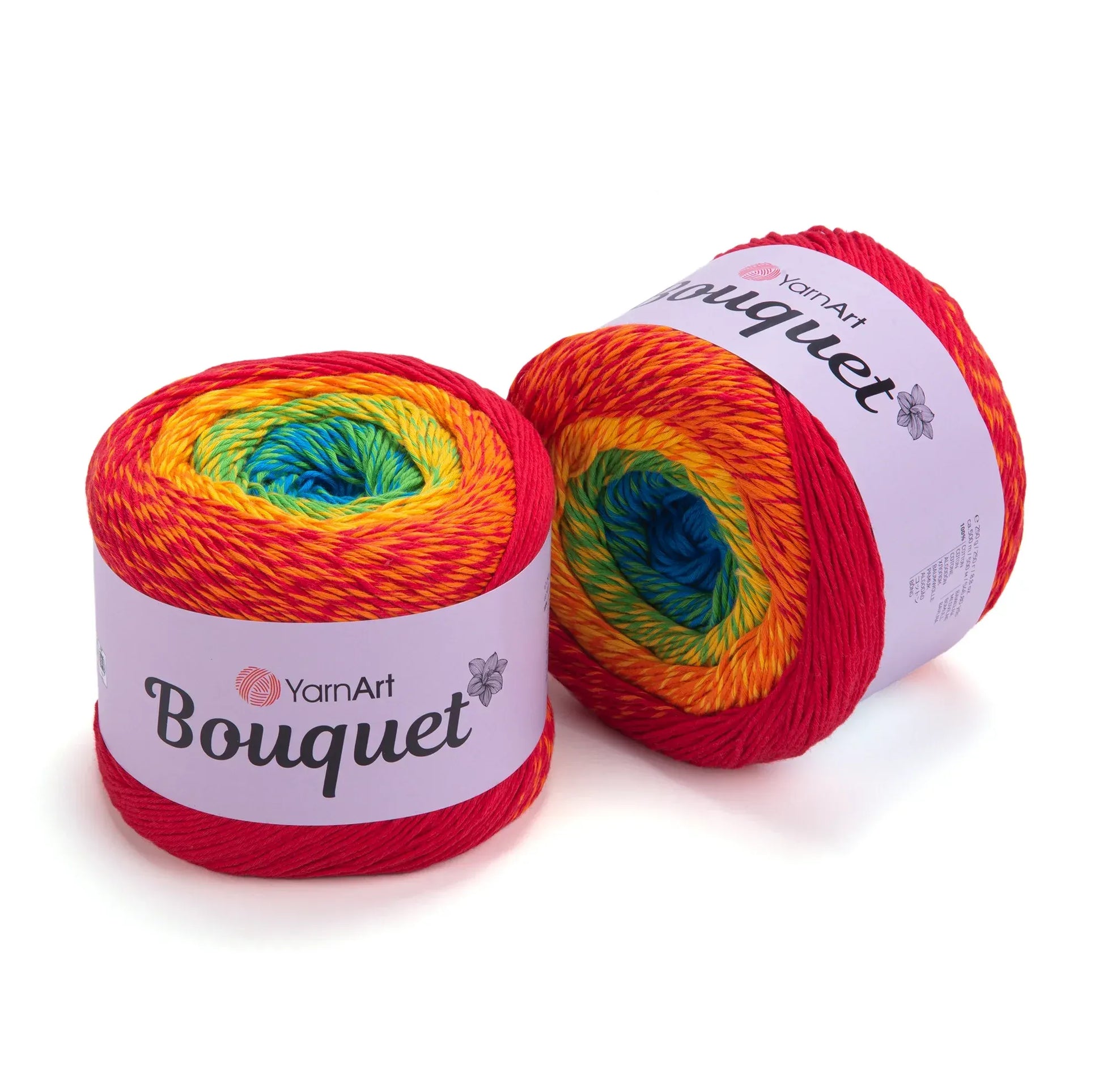Dos ovillos YarnArt Bouquet XL de algodón degradado. Presentan una vibrante combinación de colores: rojo, naranja, amarillo, verde y azul.