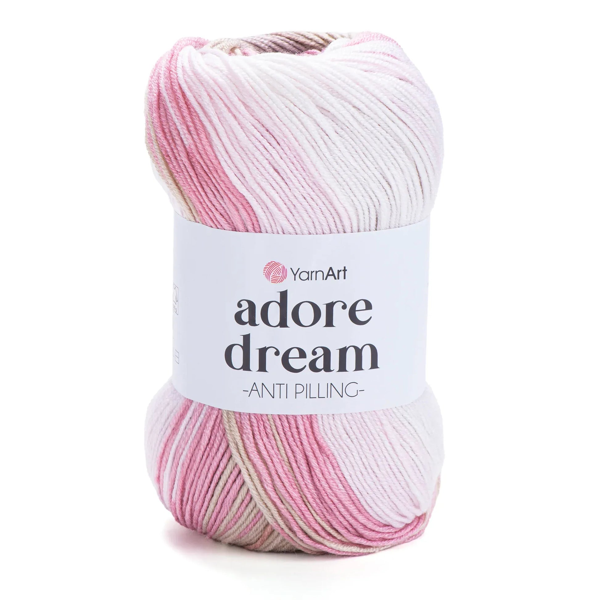 Ovillo de lana acrílica YarnArt Adore Dream, anti-pilling, en tonos rosados, blanco y beige, para tejidos suaves.