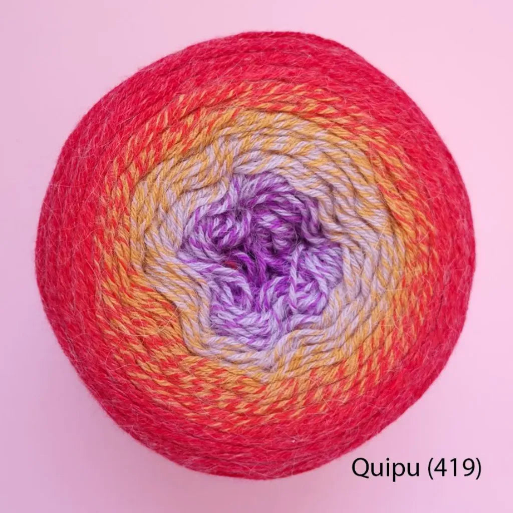 Ovillo de lana Flower Alpaca YarnArt, mezcla 20% alpaca, 80% acrílico, degradado multicolor rojo, naranja, lila y morado.