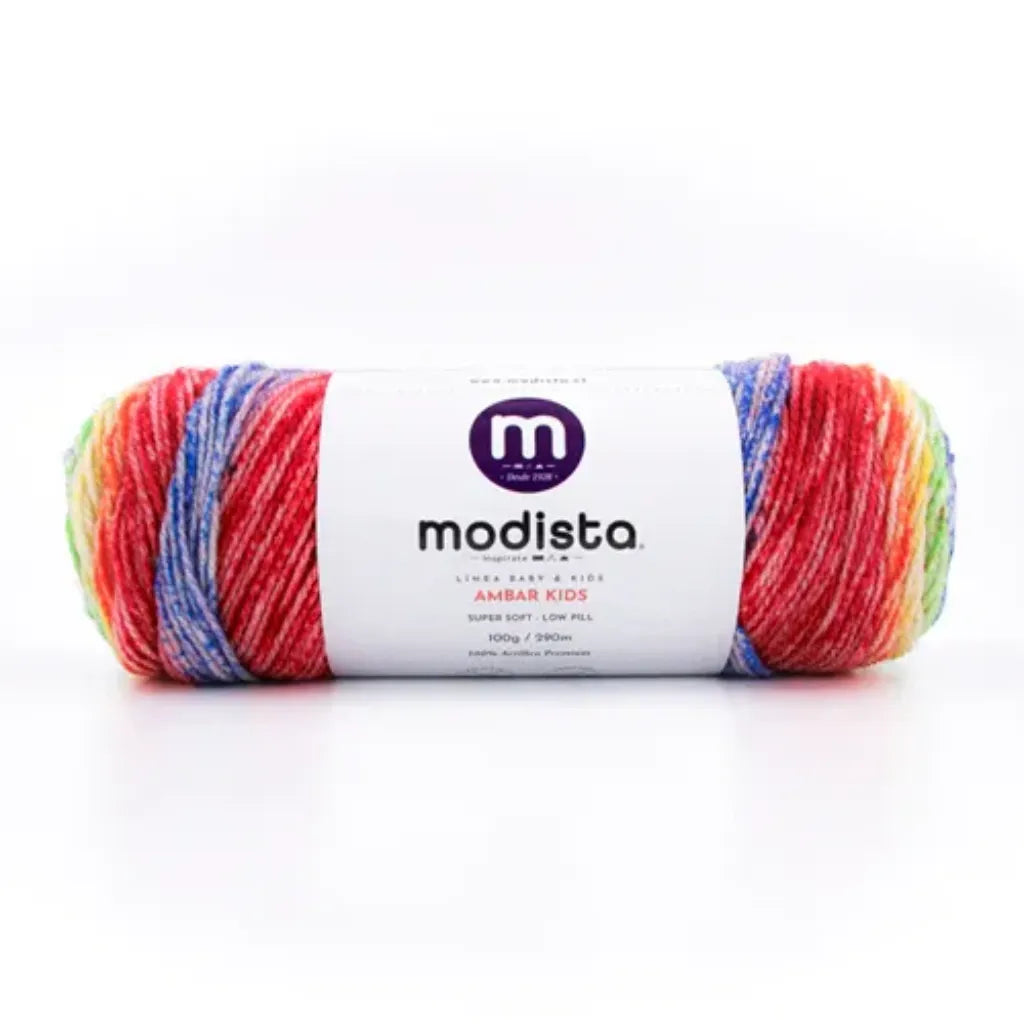 Ovillo Modista Ambar Kids multicolor (rojo, azul, amarillo, verde), 100% acrílico premium, super suave, ideal para bebés.