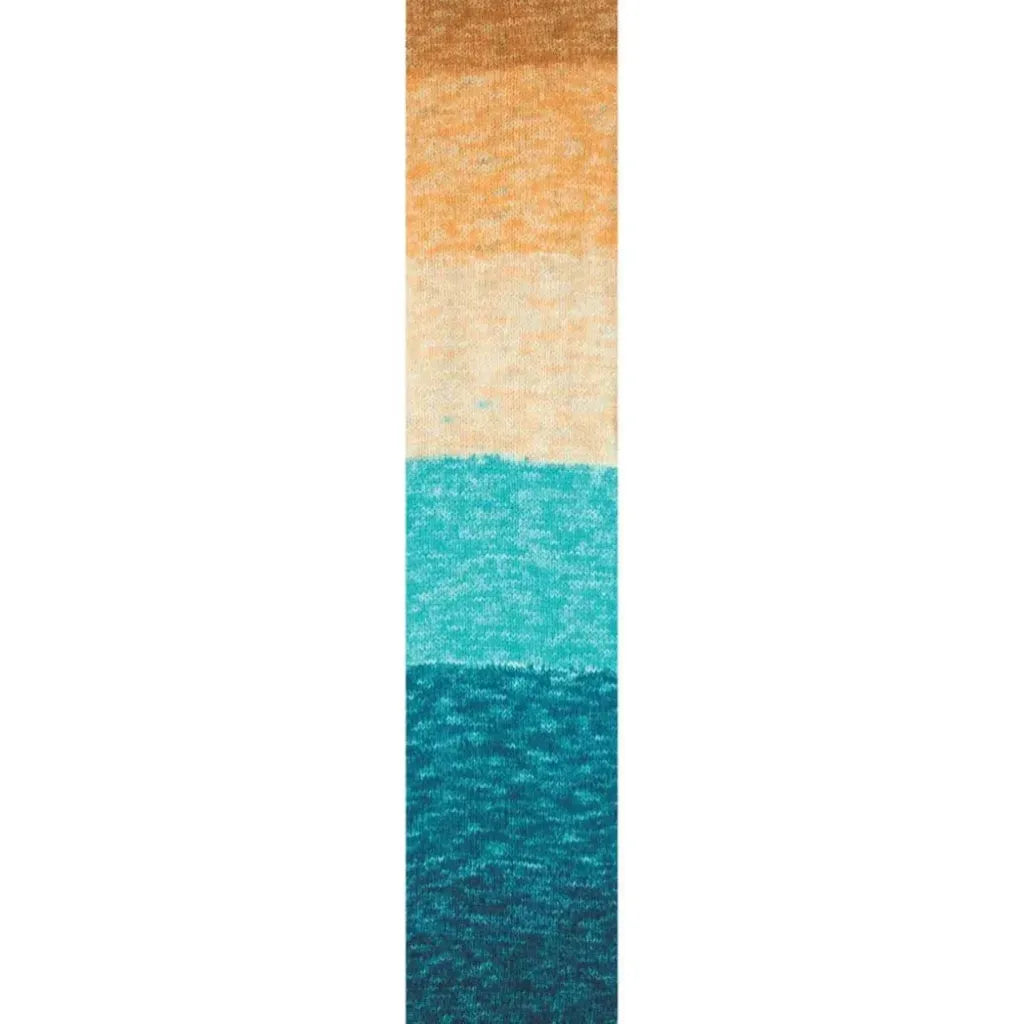 Textura de lana acrílica para bebé con franjas tejidas en tonos café, naranja, celeste y azul oscuro, ideal para Pack Ámbar Kids.