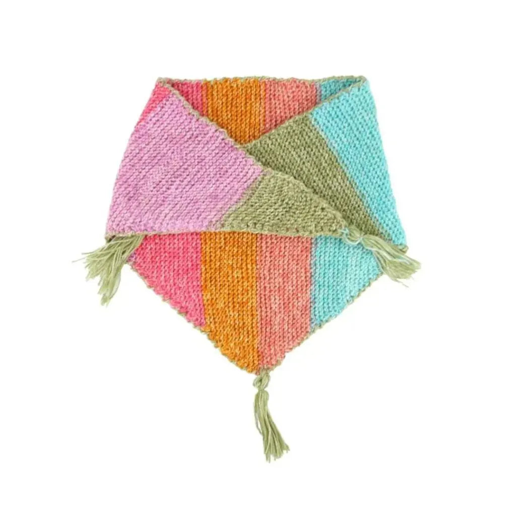 Manta tejida a crochet infantil con rayas de colores pastel (rosa, naranja, verde, celeste) y borlas verdes, 100% acrílico suave.