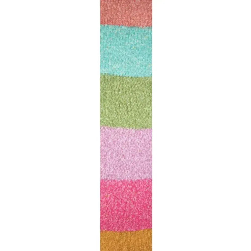 Muestra de hilado de acrílico suave e hipoalergénico para bebé con franjas de colores coral, turquesa, verde claro, rosa, fucsia y mostaza.