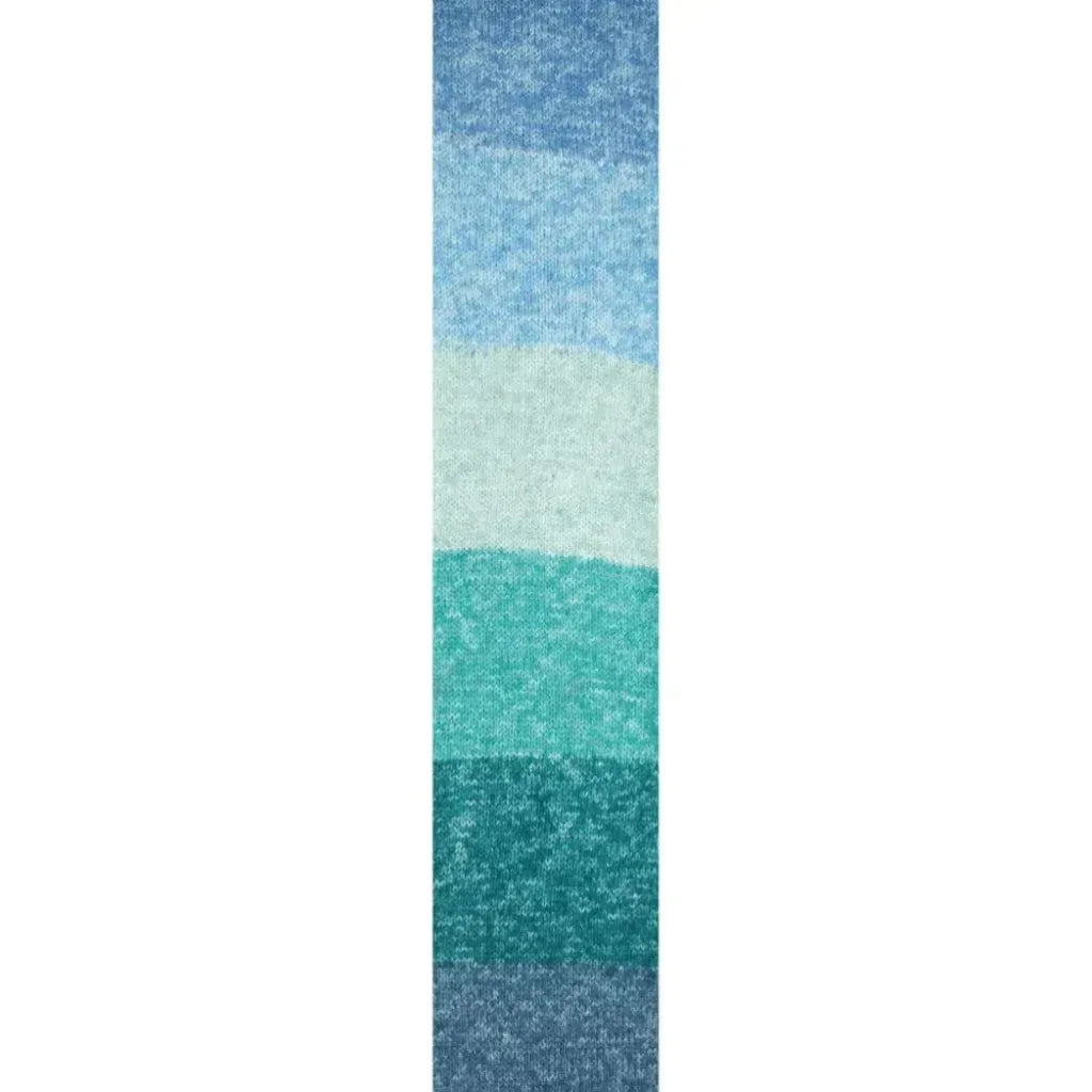 Muestra de tejido a rayas verticales azules y verdes, textura suave de acrílico para bebé.