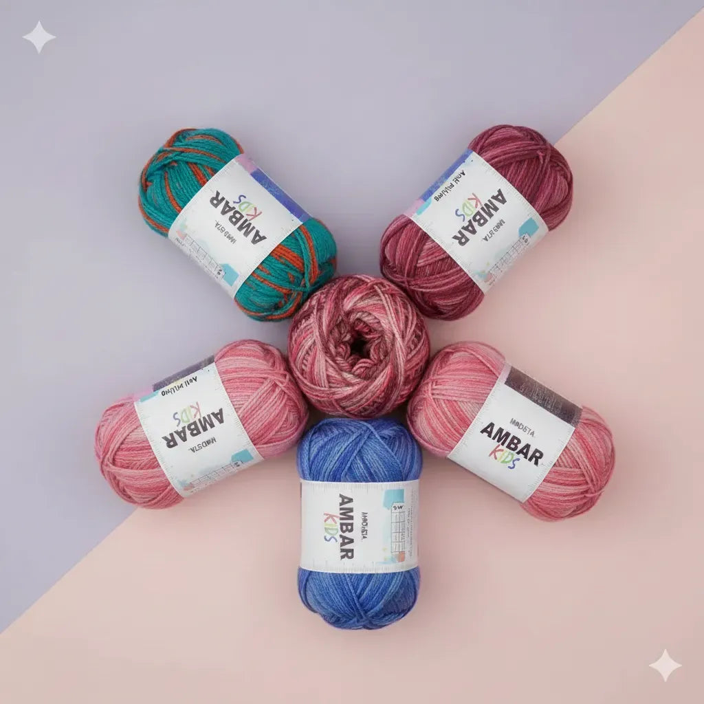 Ovillos de lana Ambar Kids de Modista 100% acrilico hipoalergenico en colores turquesa, bordo, rosa, azul y multicolor para bebe.