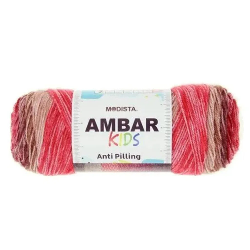 Ovillo de lana Modista Ambar Kids matizada tonos rosado, rojo y cafe, 100% acrilico anti pilling, suave e hipoalergenico para bebes.
