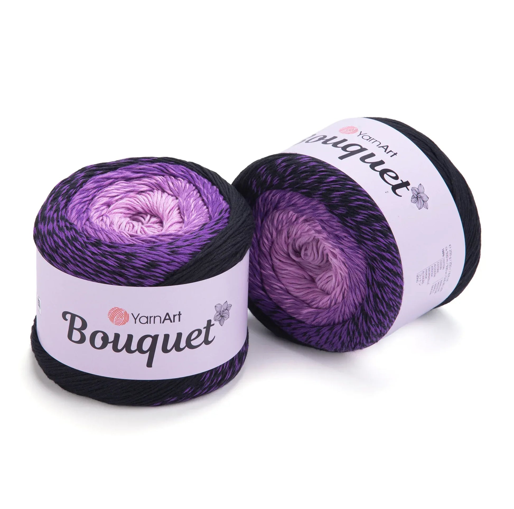 Pack de dos ovillos de hilo YarnArt Bouquet en degradado de negro a morado y lila claro, ideal para tejer con algodón.