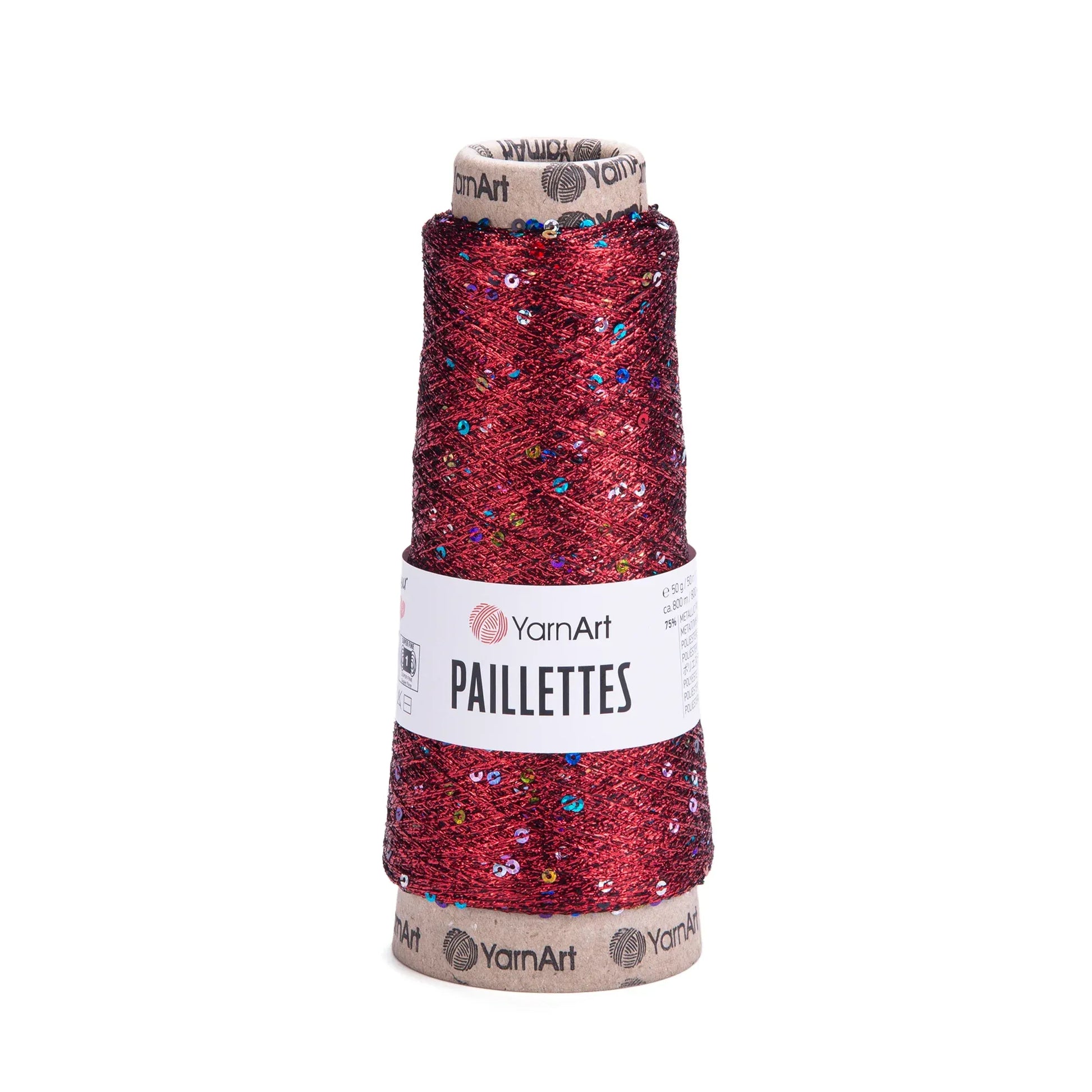 Cono de hilo YarnArt Paillettes rojo brillante con lentejuelas multicolor para tejido y manualidades, fondo blanco
