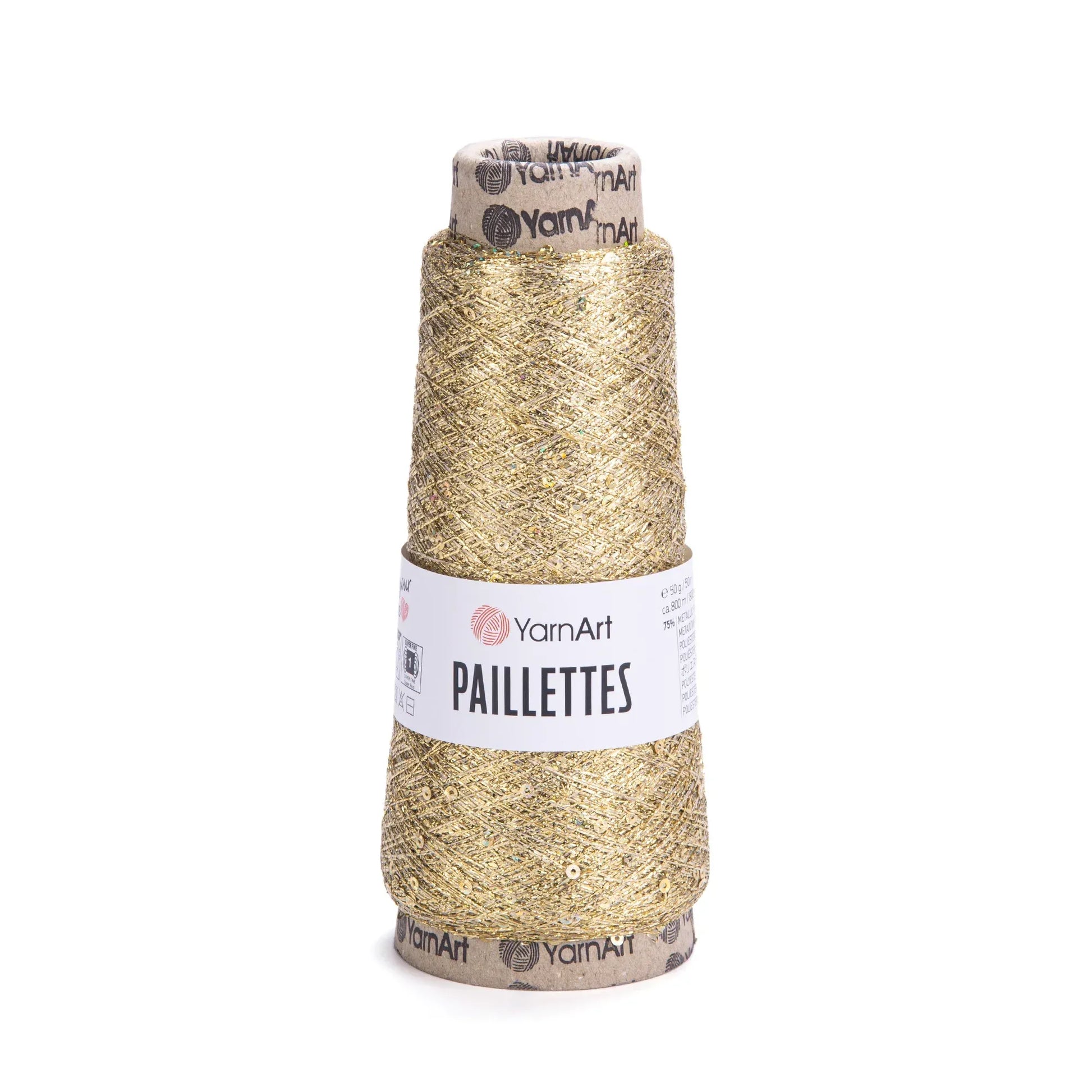 Cono de hilo YarnArt Paillettes metálico dorado con lentejuelas brillantes sobre fondo blanco para manualidades.