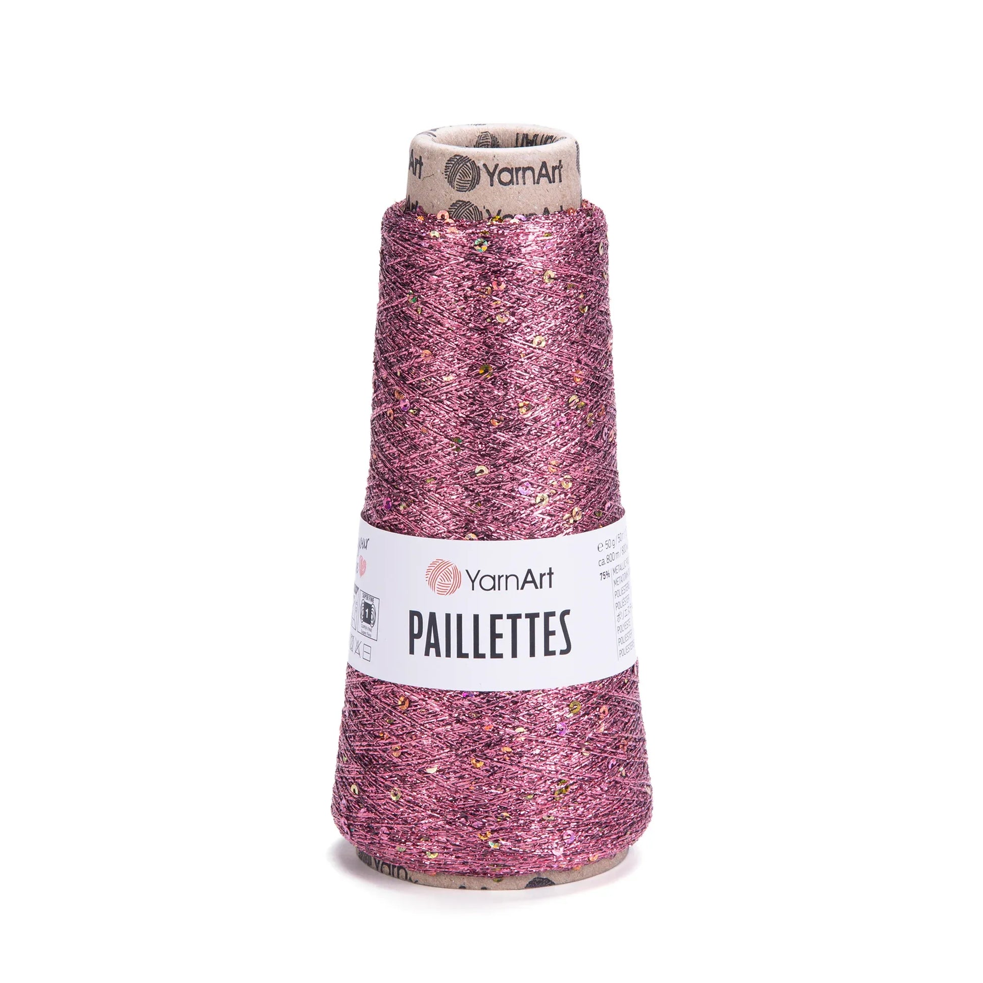 Cono de hilado YarnArt Paillettes fucsia brillante con lentejuelas doradas y plateadas, ideal para tejidos decorativos.