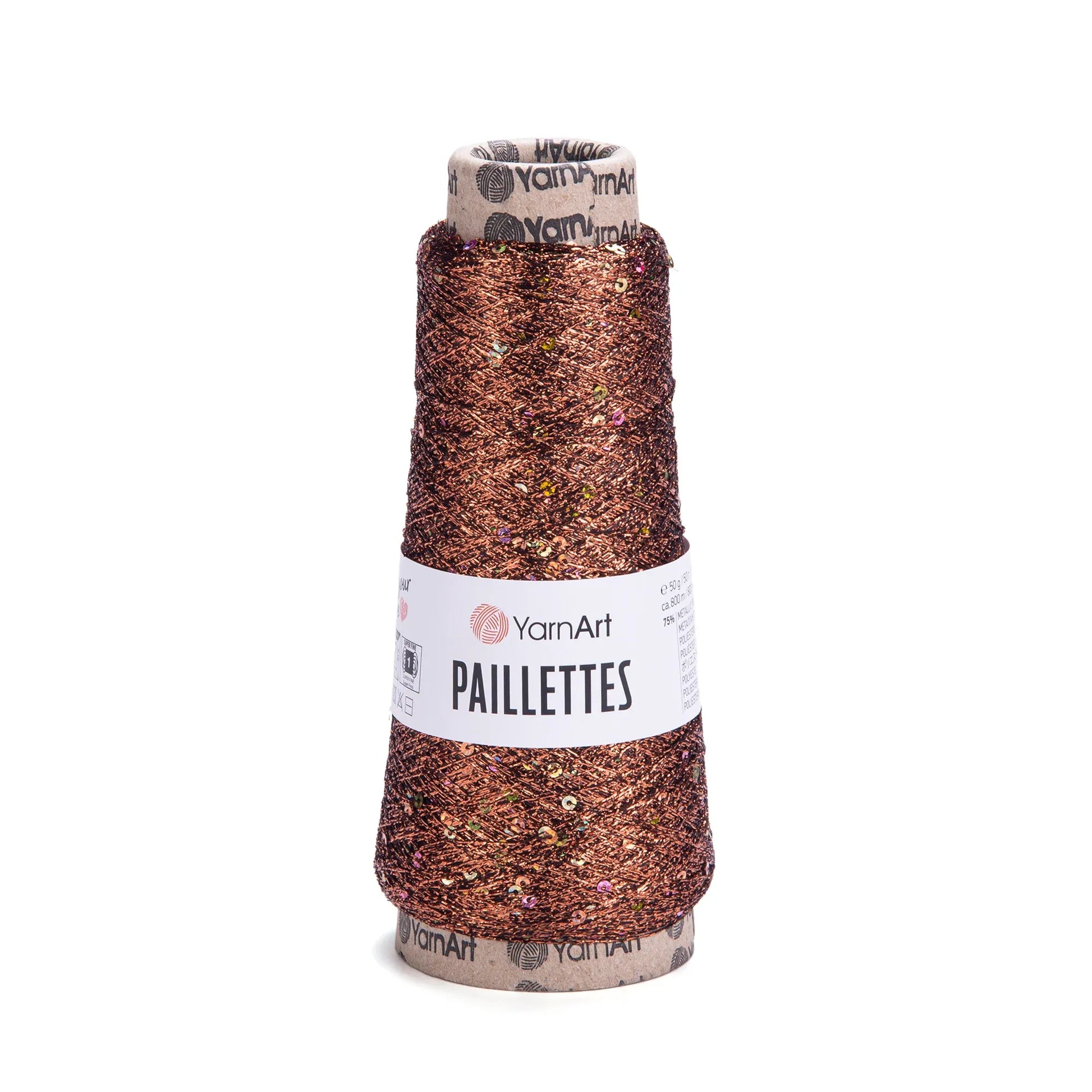 Cono de hilado YarnArt Paillettes color marron cobrizo brillante con lentejuelas metalicas multicolor sobre fondo blanco.