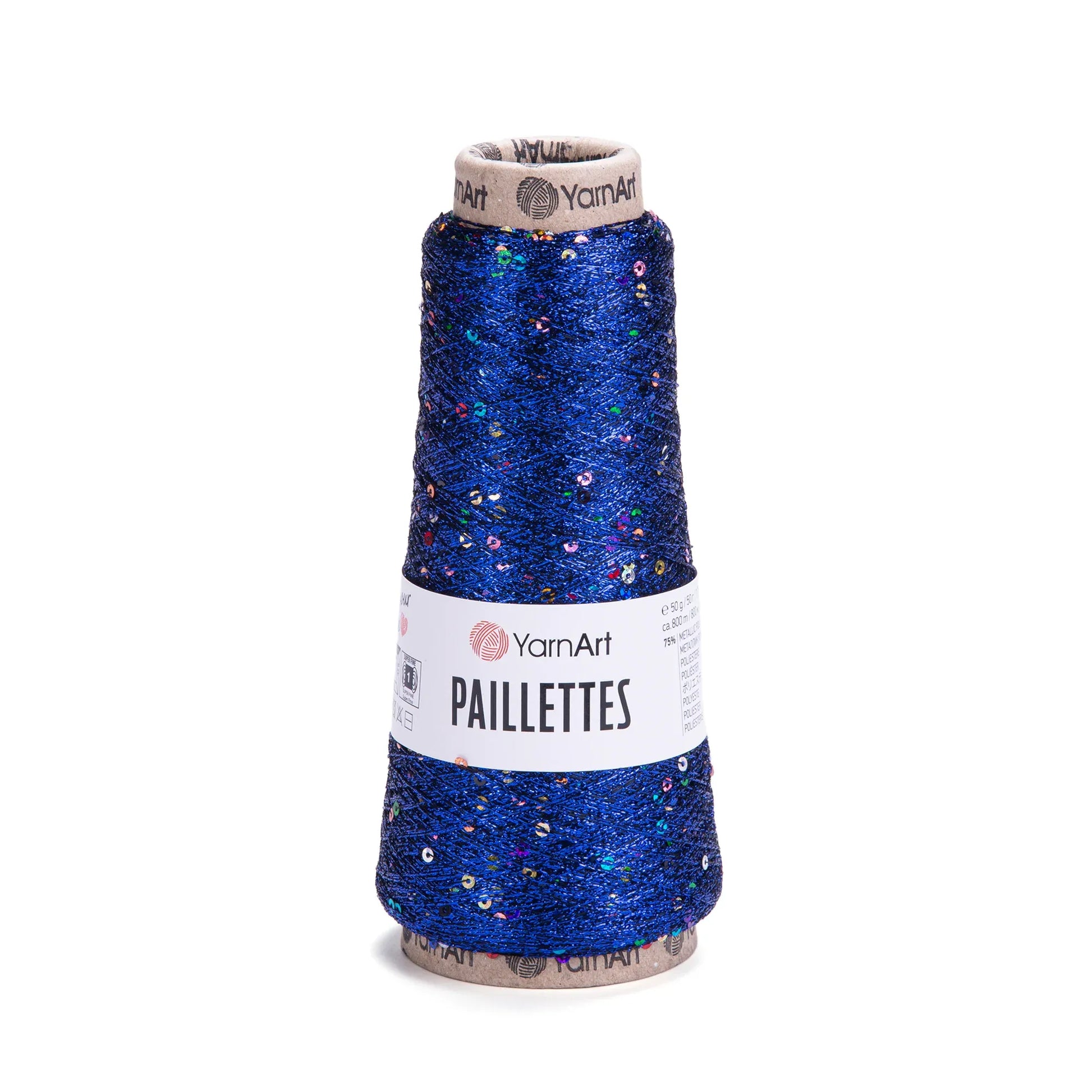 Cono de hilado YarnArt Paillettes azul brillante con lentejuelas multicolores para proyectos de tejido y manualidades en Chile.