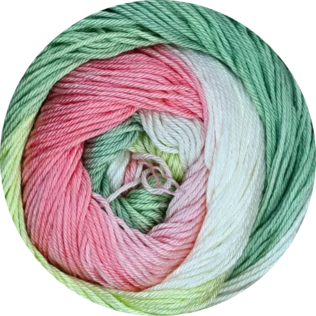 Ovillo de lana de microfibra Petunia Batik multicolor en tonos rosa, verde y blanco, con textura suave.