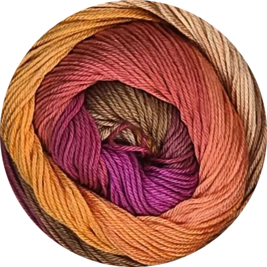 Ovillo de lana de microfibra Petunia Batik multicolor con tonos degradados naranja, cafe, rojo y fucsia, suave y liviana.