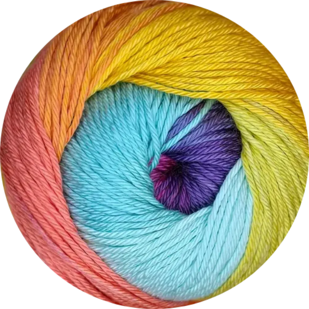 Ovillo de lana de microfibra Petunia multicolor con tonos vibrantes de rosa, naranja, amarillo, azul y morado, suave y liviana.