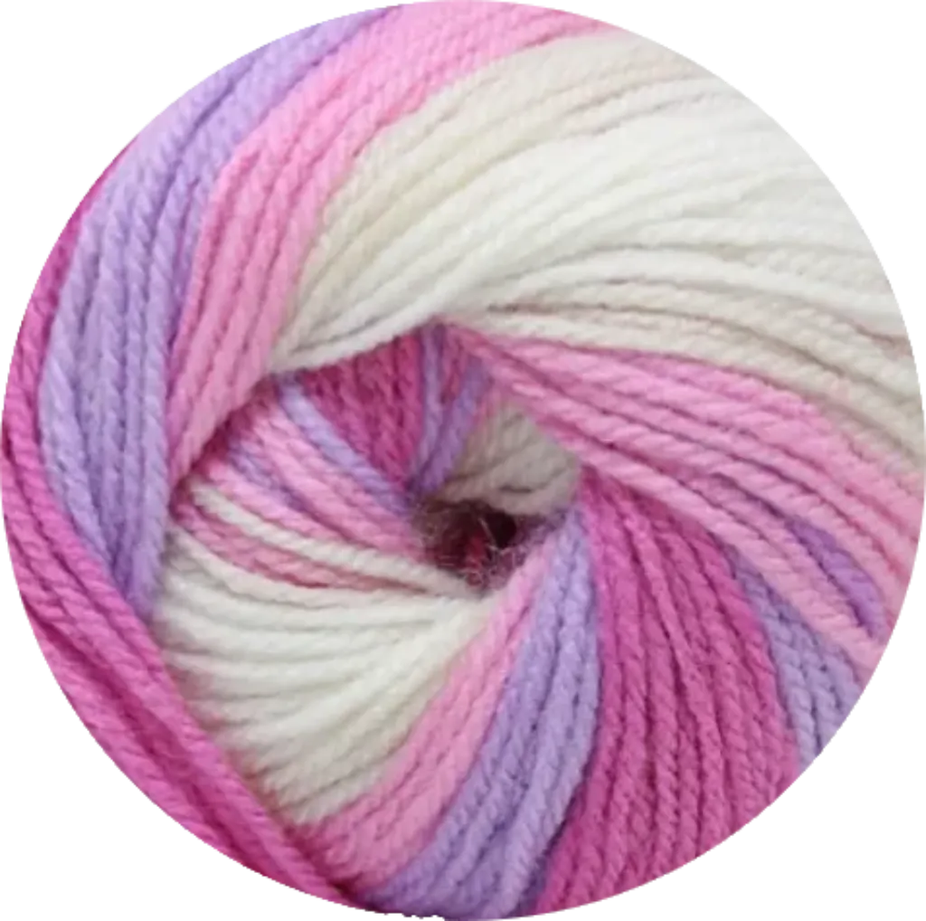 Ovillo de lana acrílico premium suave e hipoalergénico, con patrón batik en tonos rosa, lila y blanco crema.