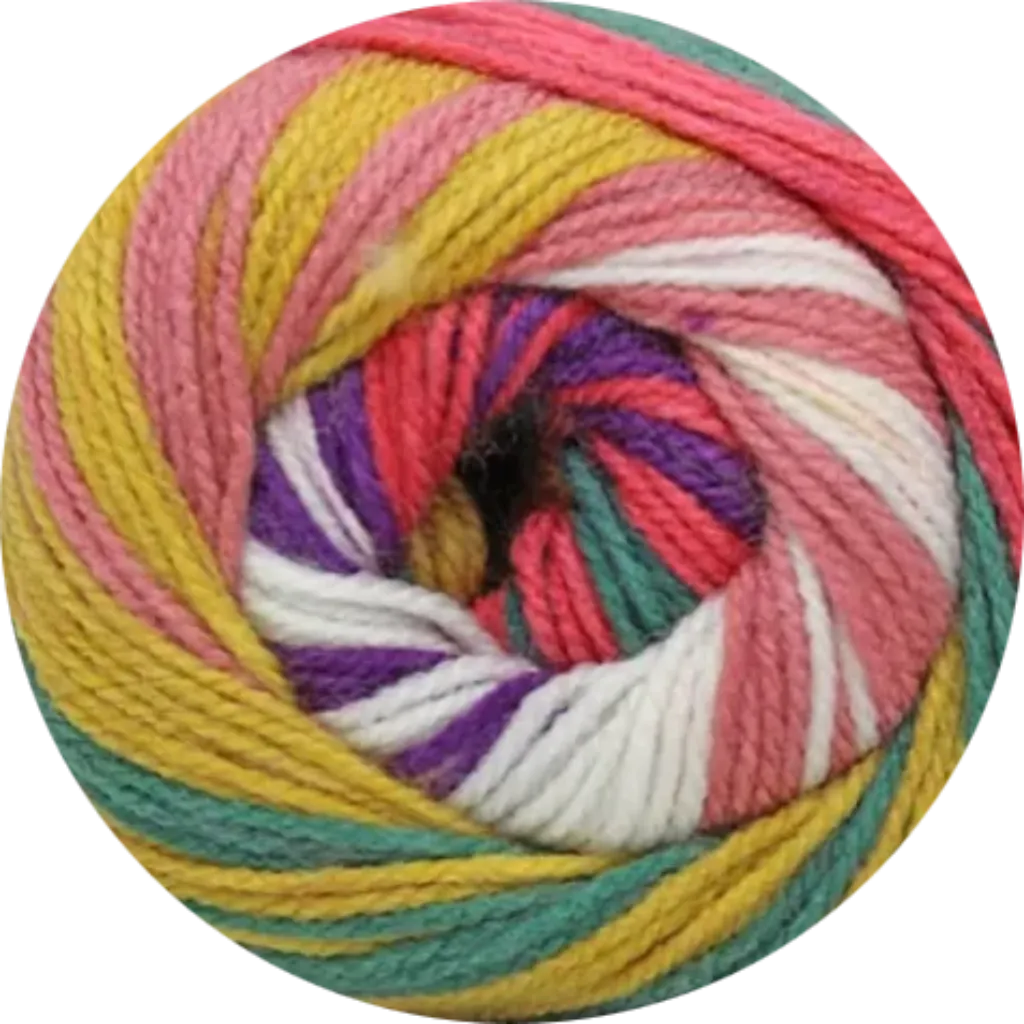 Ovillo de lana acrílica matizada suave en tonos rosa, amarillo, verde agua, morado y blanco, ideal para tejer.