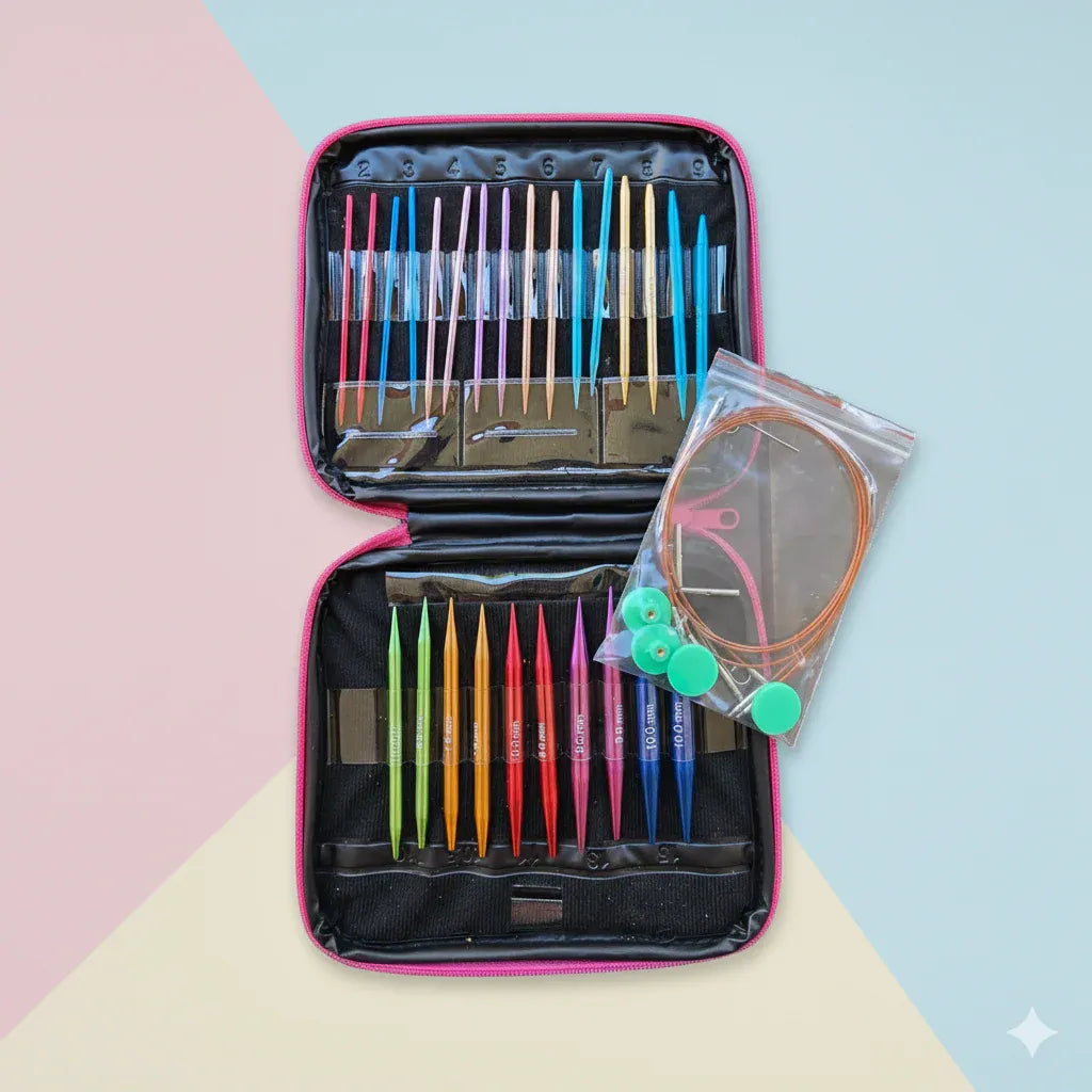 Set de palillos circulares intercambiables de aluminio en estuche rosado con agujas coloridas y accesorios para tejer.