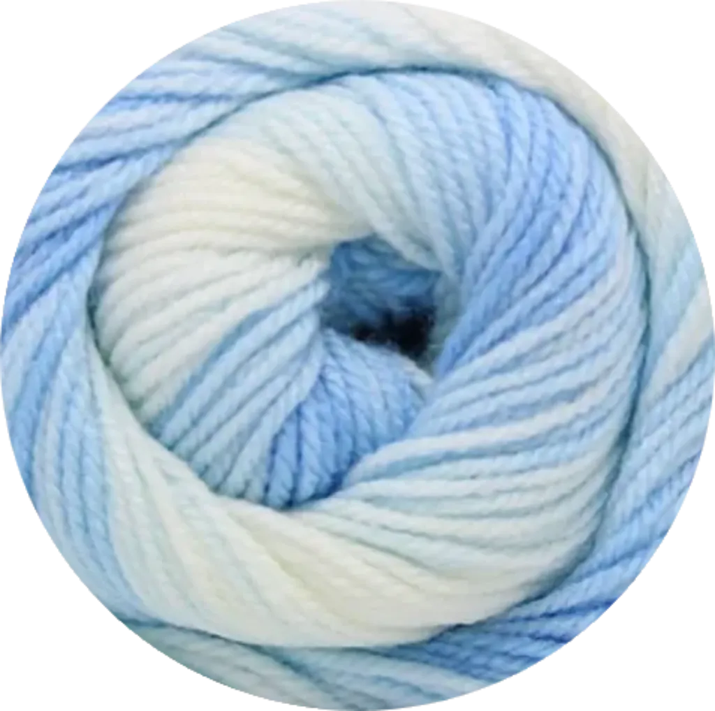 Ovillo de lana acrílica premium batik en tonos celestes y blanco, ideal para tejido de bebé