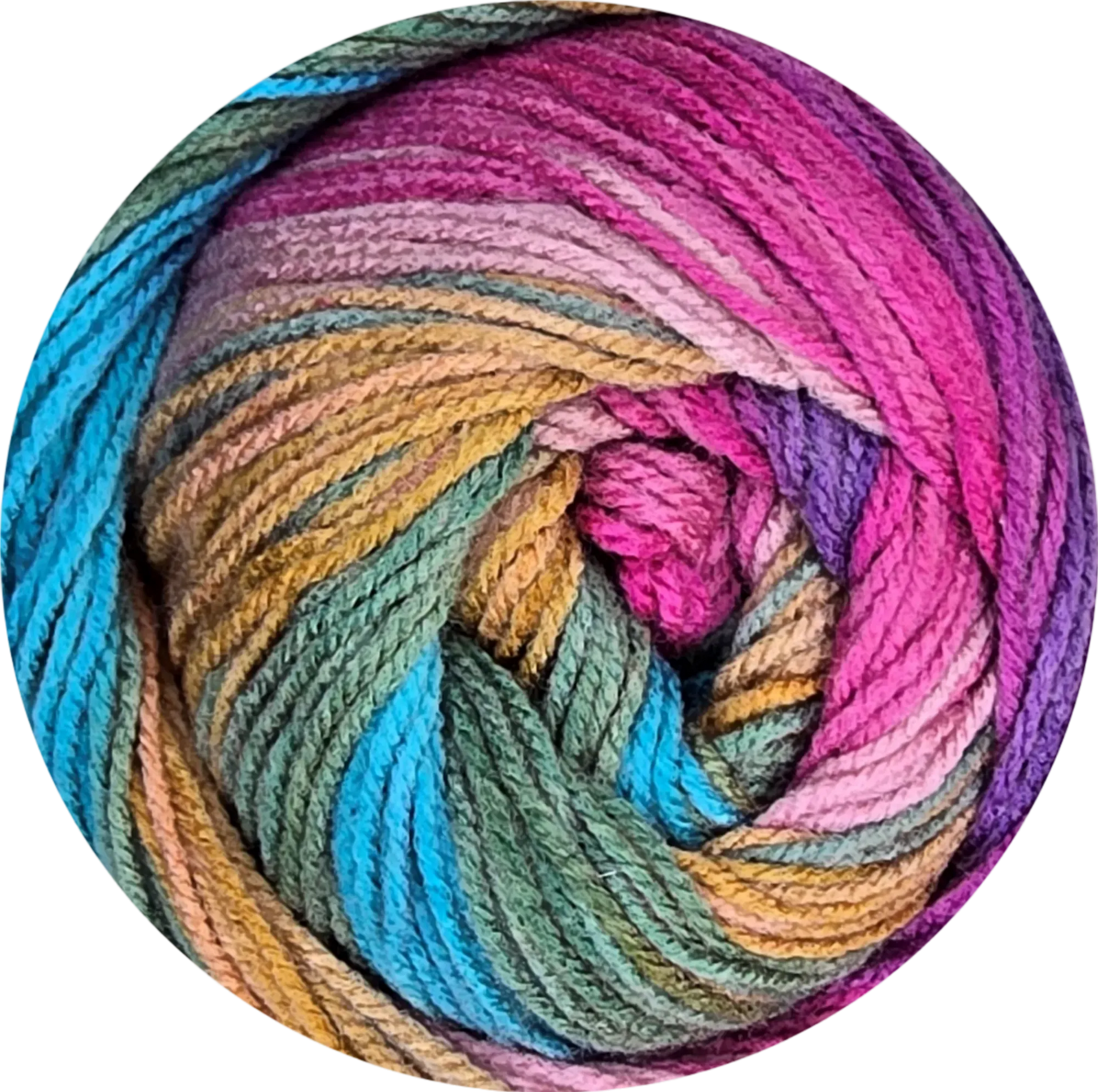 Ovillo de lana acrílica Petunia Boom Batik multicolor, con tonos vibrantes coral, azul, verde, amarillo, rosa y morado, suave al tacto.