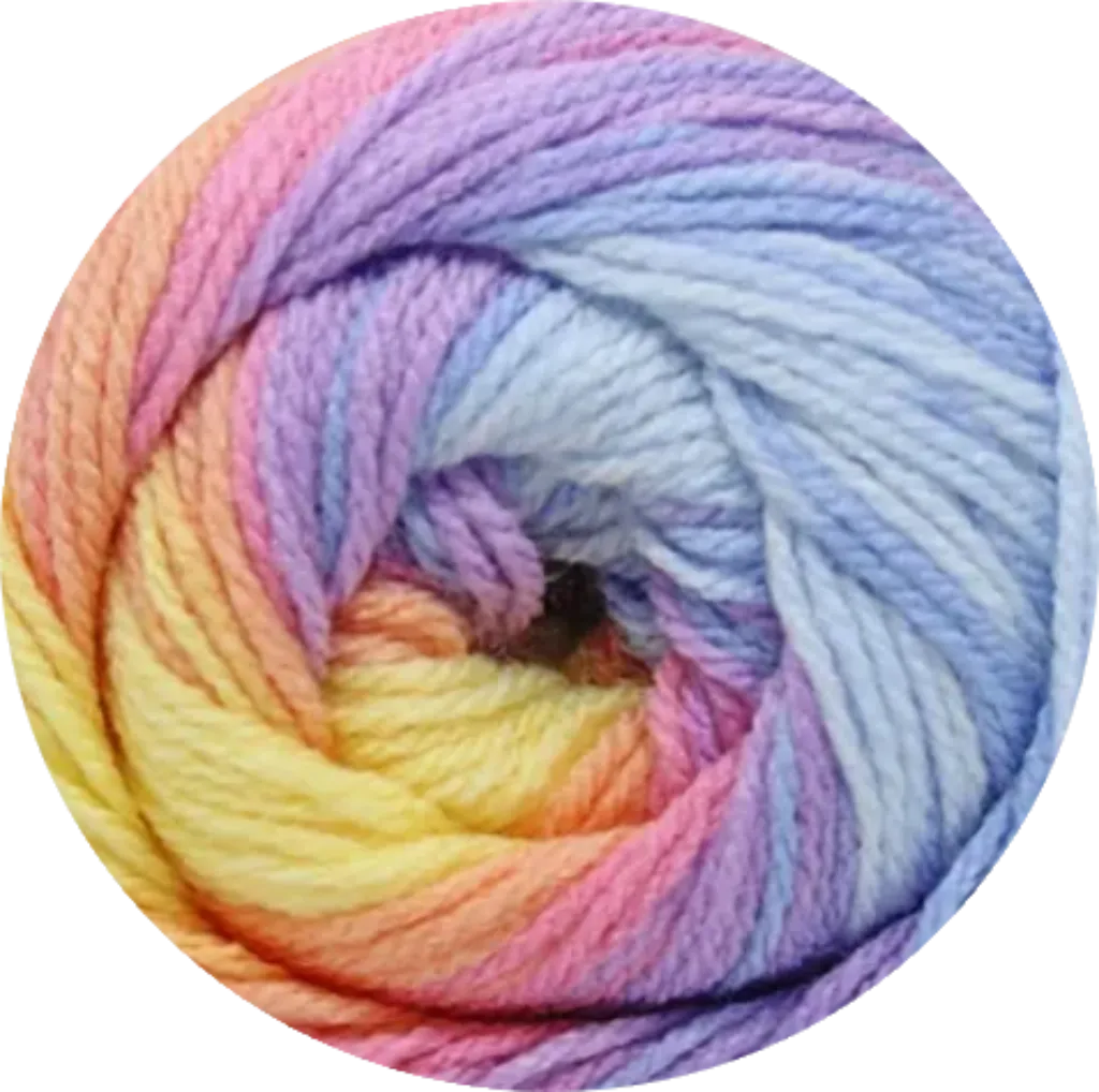 Ovillo de lana acrílica premium Petunia Bebé Batik, suave e hipoalergénica, con gradiente de colores pastel Sunset Dream.