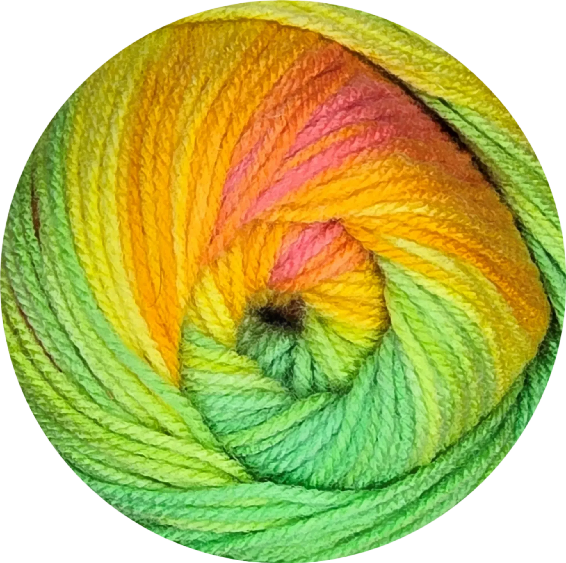 Ovillo de lana acrílica multicolor (verde, amarillo, naranja, rosa) con un vibrante degradado, ideal para proyectos de tejido.