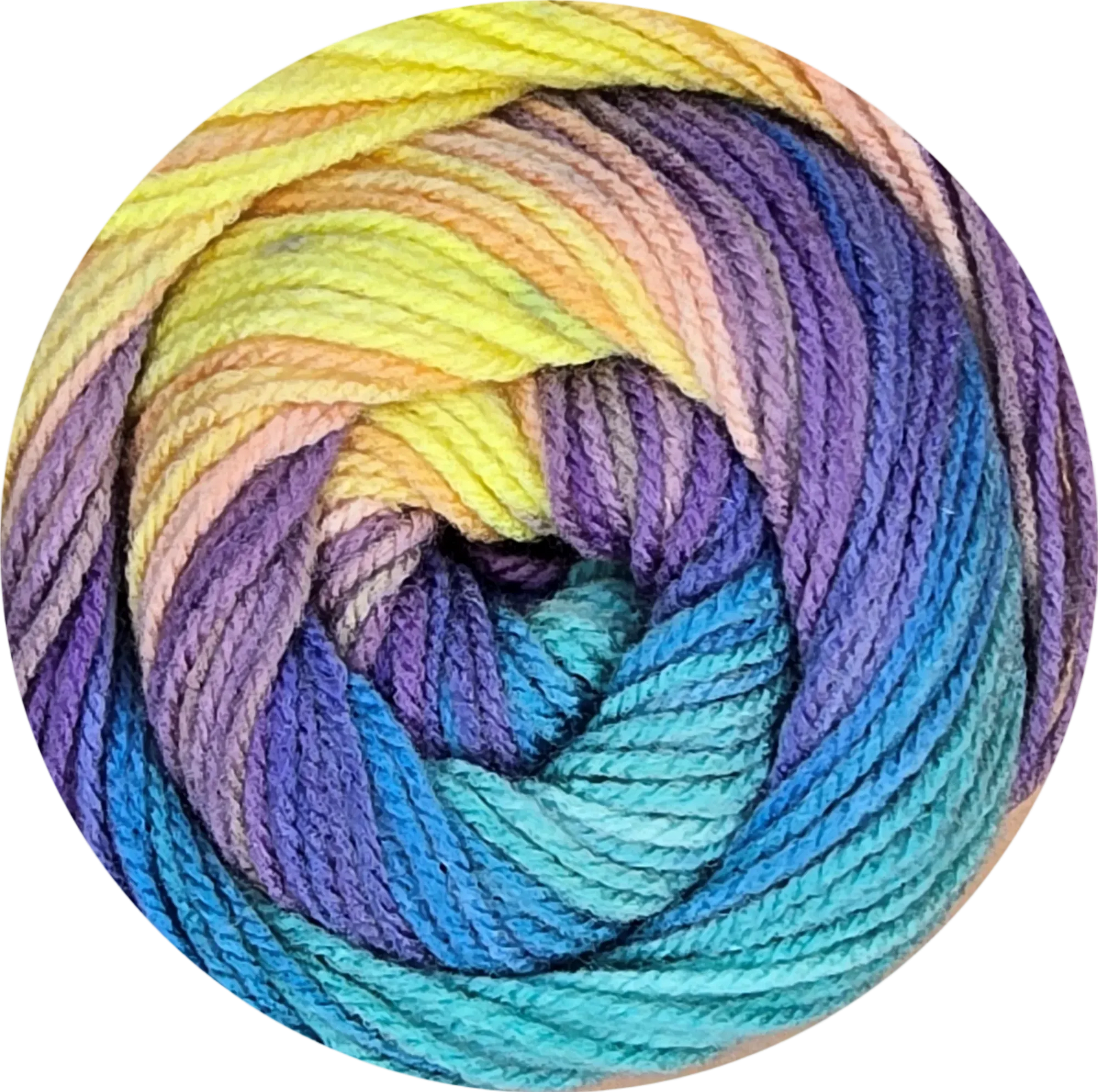 Ovillo de lana acrílica Petunia Boom Batik con gradiente de colores vibrantes: amarillo, naranja, morado y azul turquesa.