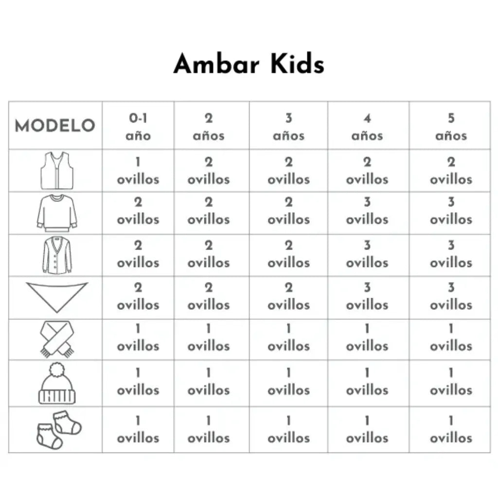 Tabla Ambar Kids con guías de ovillos para tejer ropa de bebé (0-5 años): chalecos, suéteres, gorros y calcetines.