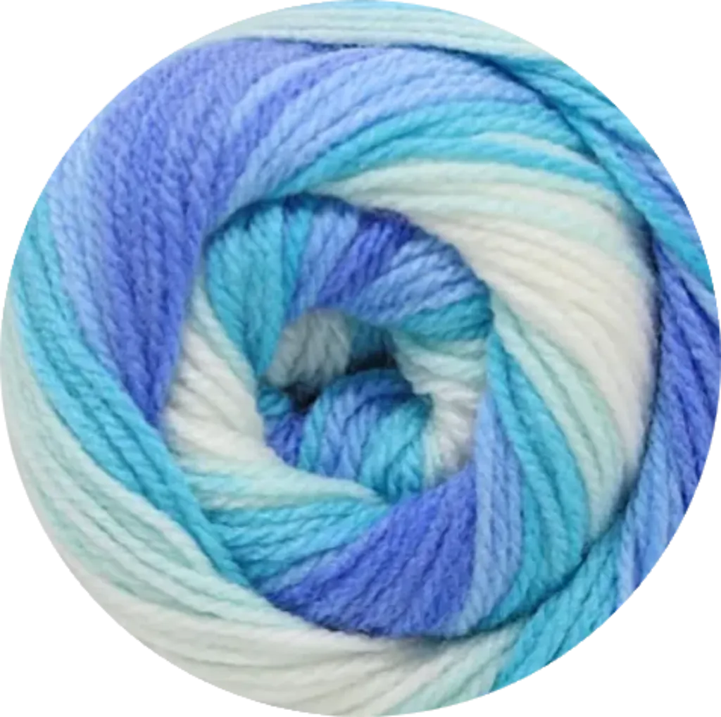 Ovillo de lana acrílica premium Petunia Batik en tonos de azul, turquesa y blanco, suave e hipoalergénico para bebés.