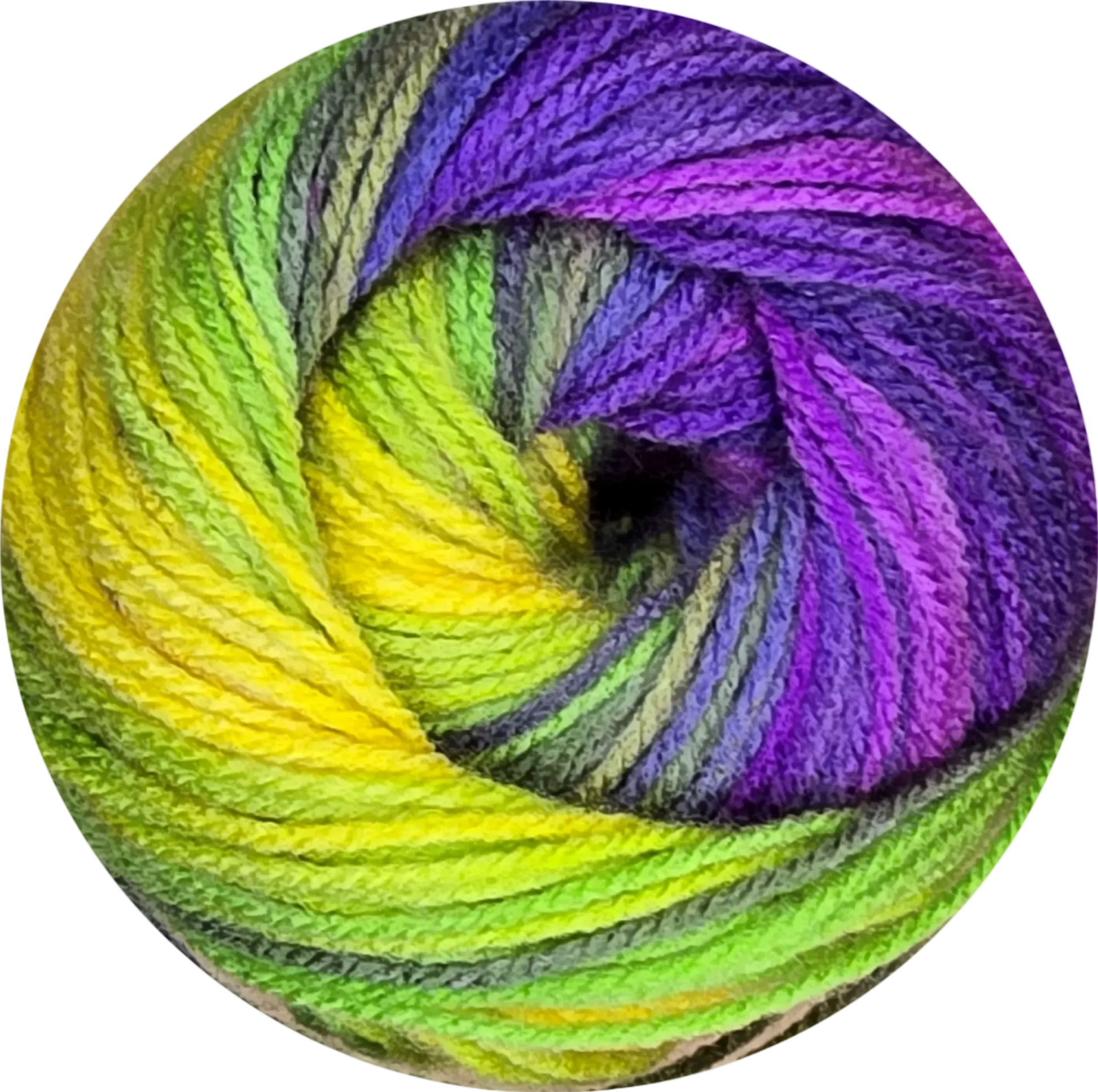 Ovillo de lana acrílica Petunia Boom Batik multicolor, textura suave en tonos morado, amarillo y verde Tropical Rainbow.