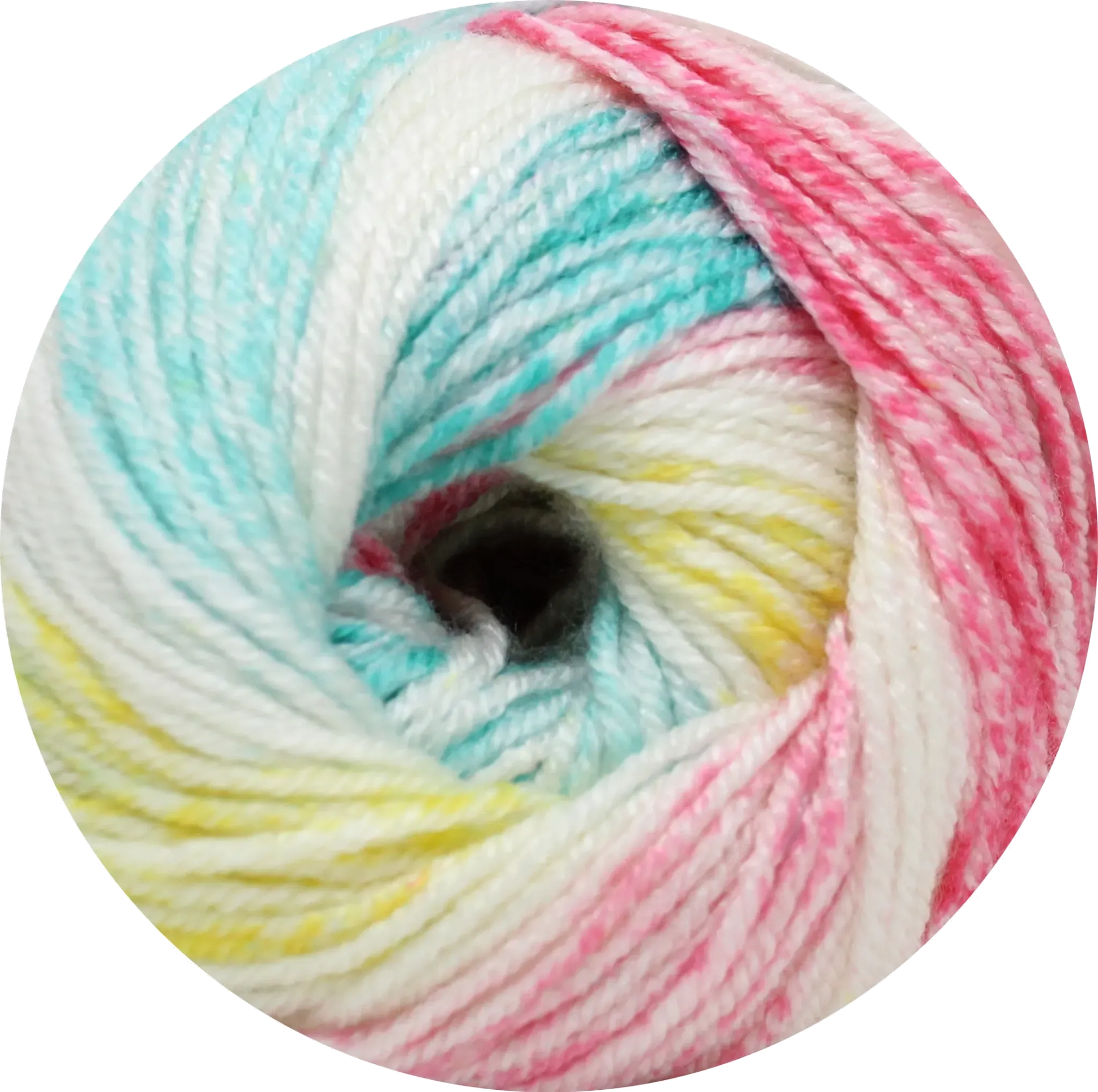 Ovillo de lana acrílica matizada colores tropicales splash rosa celeste amarillo blanco suave
