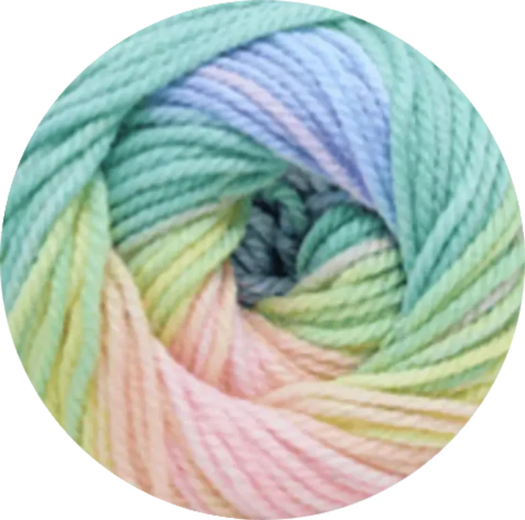 Ovillo de lana acrílica Boom Batik Petunia, multicolor pastel (verde menta, azul, rosa, amarillo), textura suave, para tejer.